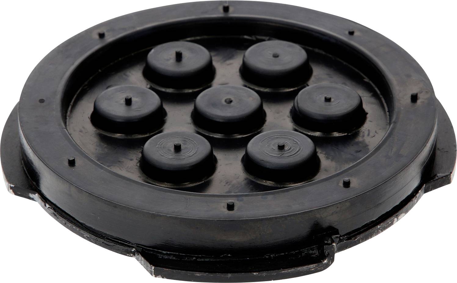 Ein schwarzes, rundes Bauteil mit sieben gleichmäßig verteilten Erhebungen auf der Oberfläche.