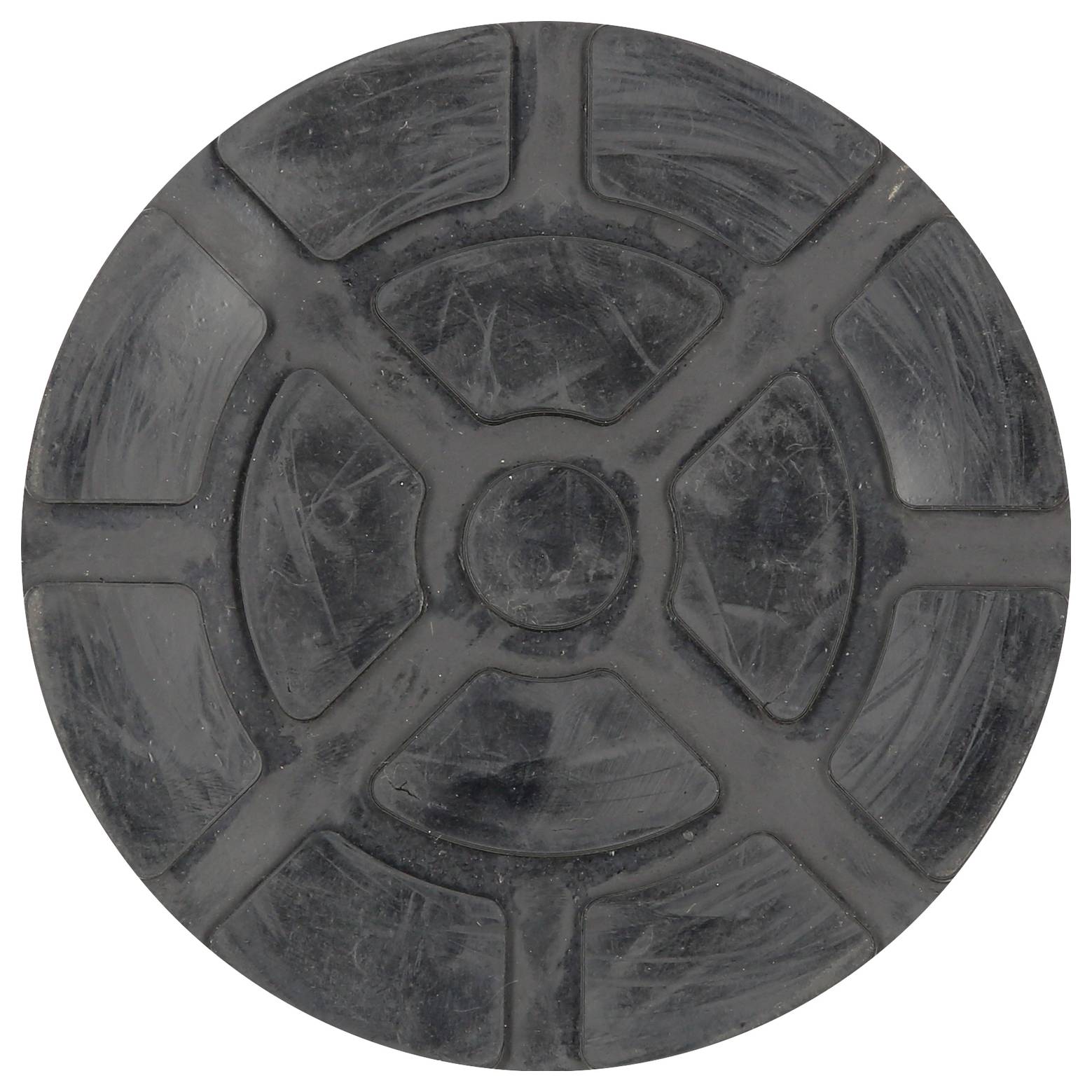 Ein schwarzer, runder Gummifuss, vermutlich für Möbel oder Geräte, zur Erhöhung der Stabilität und Verminderung von Kratzern.