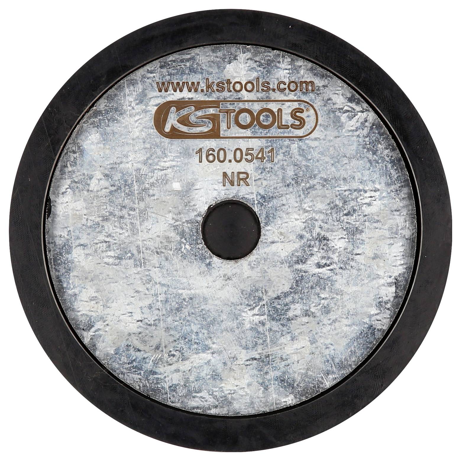 Rundes Metallwerkzeug mit schwarzem Rand, Aufdruck 'www.kstools.com', '160.0541', 'NR'. Stark genutzt, auf grauem Hintergrund.