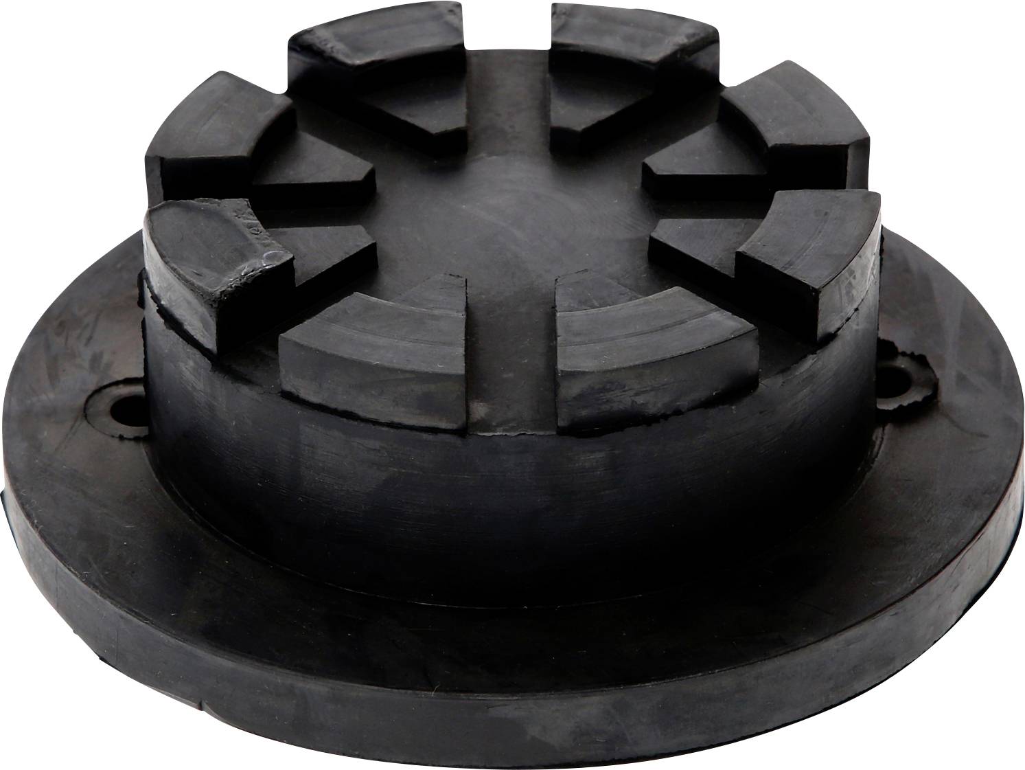 Ein Gummikissen mit kreisförmigem Design und erhobenen, gleichmäßig verteilten Blöcken auf der Oberseite zur Stoßdämpfung.