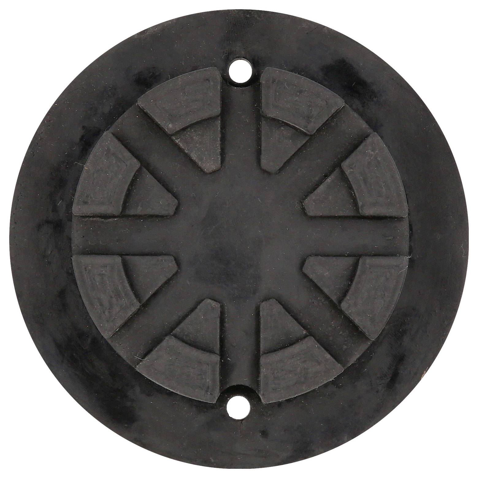 Runde, schwarze Gummischeibe mit drei Löchern am Rand, möglicherweise eine Vibrationsdämpfungskomponente.