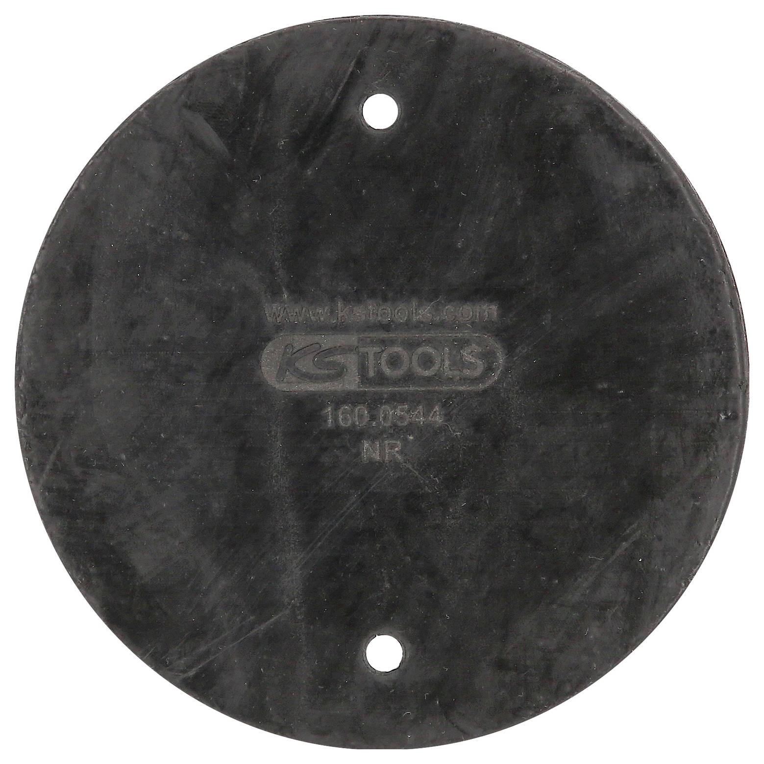 Eine runde, schwarze Gummikappe mit zwei Löchern und dem Aufdruck 'KS TOOLS 160.0544 NR' in der Mitte.