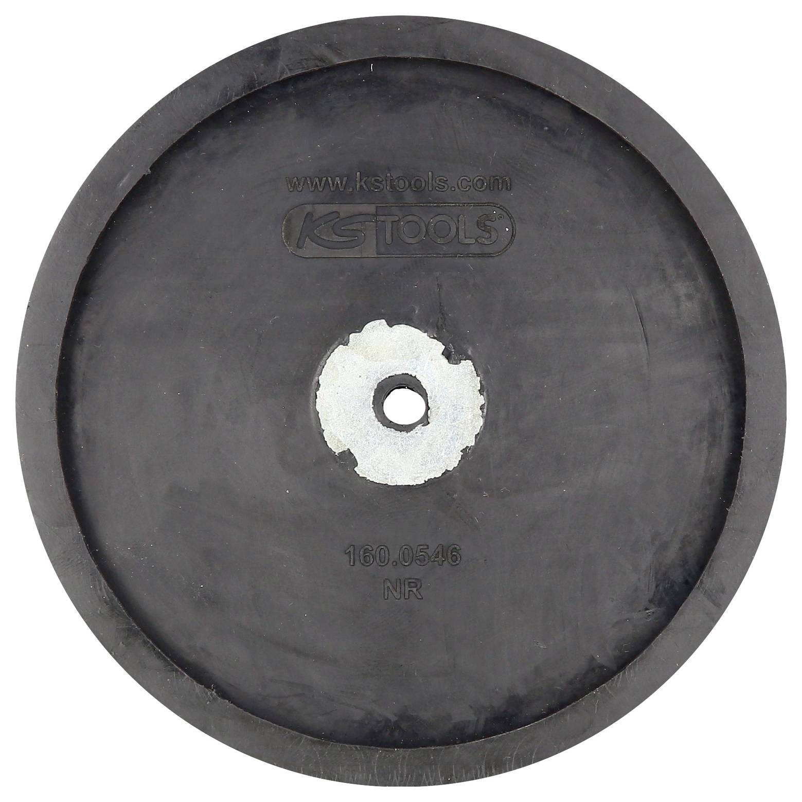 Rundes Gummipad mit der Aufschrift 'KS TOOLS', schwarzer Farbe, zentraler Befestigungspunkt, möglicherweise für Werkzeughalterungen.