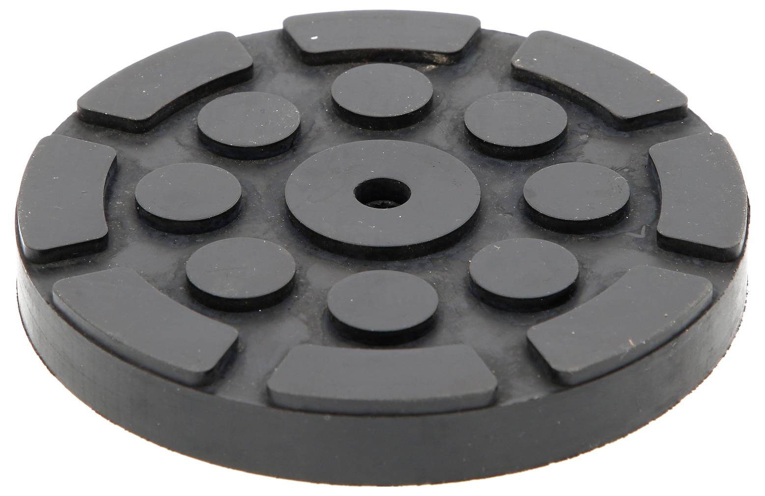 Schwarze runde Gummischeibe mit mehreren erhobenen Bereichen auf der Oberseite, die symmetrisch angeordnet sind.