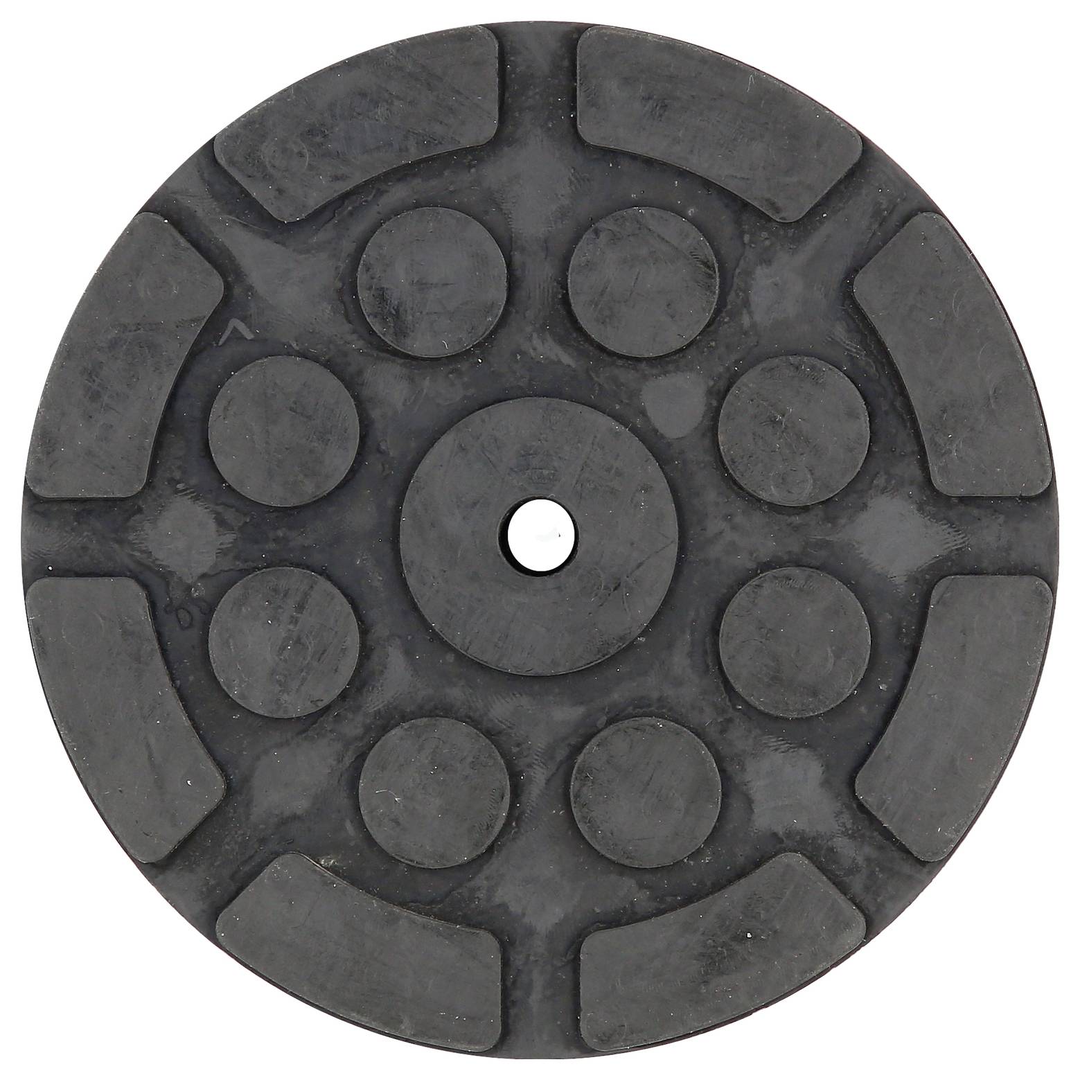 Eine runde graue Gummischeibe mit einem zentralen Loch und mehreren erhabenen Mustern. Verwendet als Dämpfungselement oder Unterlage.