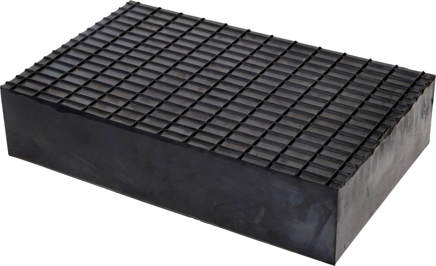 Rechteckiger, schwarzer Gummiblock mit gitterartiger Oberflächenstruktur, verwendet zur Dämpfung von Vibrationen in Maschinen.