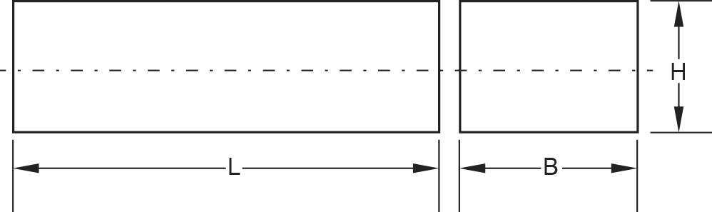 Ein rechteckiger Querschnitt in großer und kleiner Darstellung mit den Beschriftungen L (Länge), B (Breite) und H (Höhe).