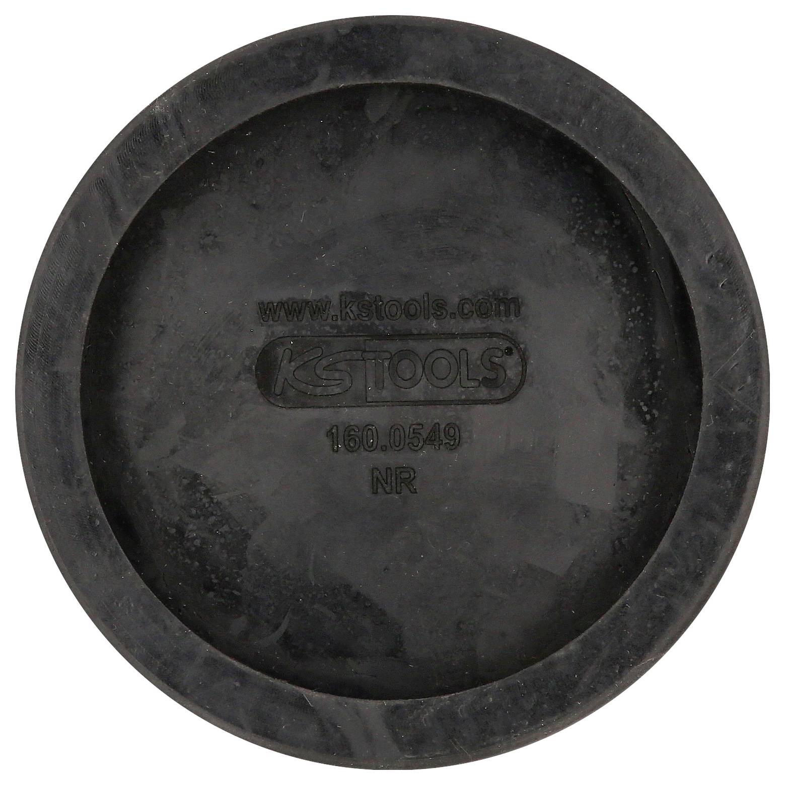 Schwarzes Gummipad mit der Aufschrift 'KSTools 160.0549 NR' in der Mitte, wahrscheinlich als Oberfläche zum Schutz oder Dämpfen verwendet.