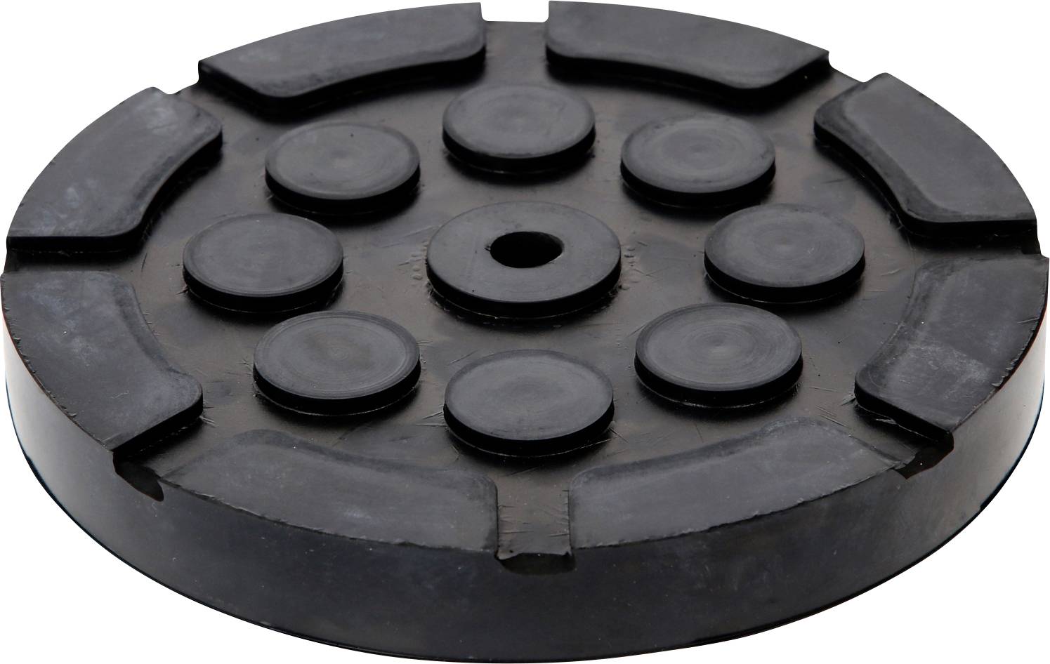 Runde, schwarze Gummischeibe mit mehreren erhöhten Gummipads auf der Oberseite. Geeignet als Gummiauflage oder Schutzelement.