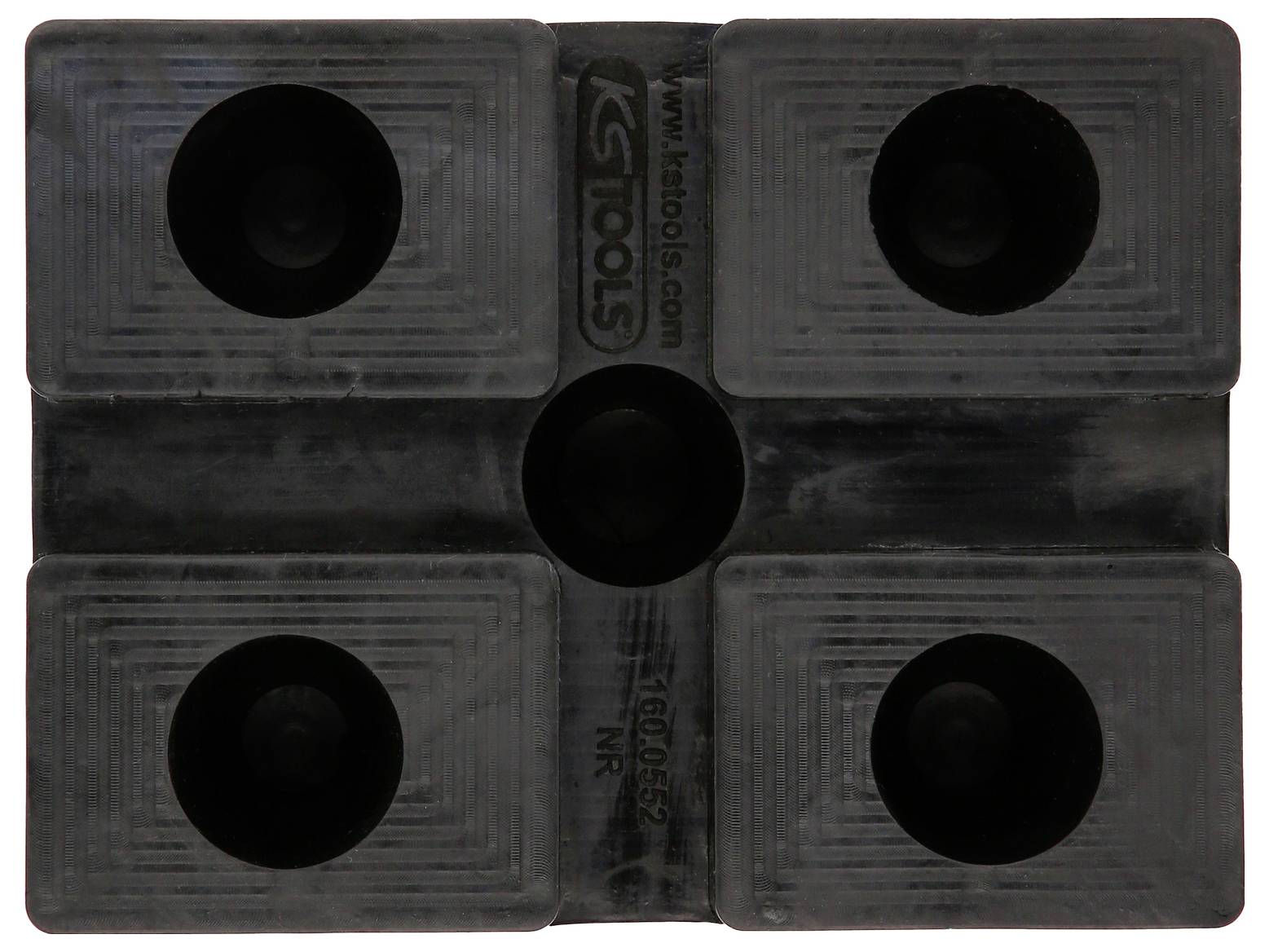 Schwarzer Gummipuffer mit fünf runden Vertiefungen, symmetrisch angeordnet. Marken- und Modellnummer sind oben aufgedruckt.