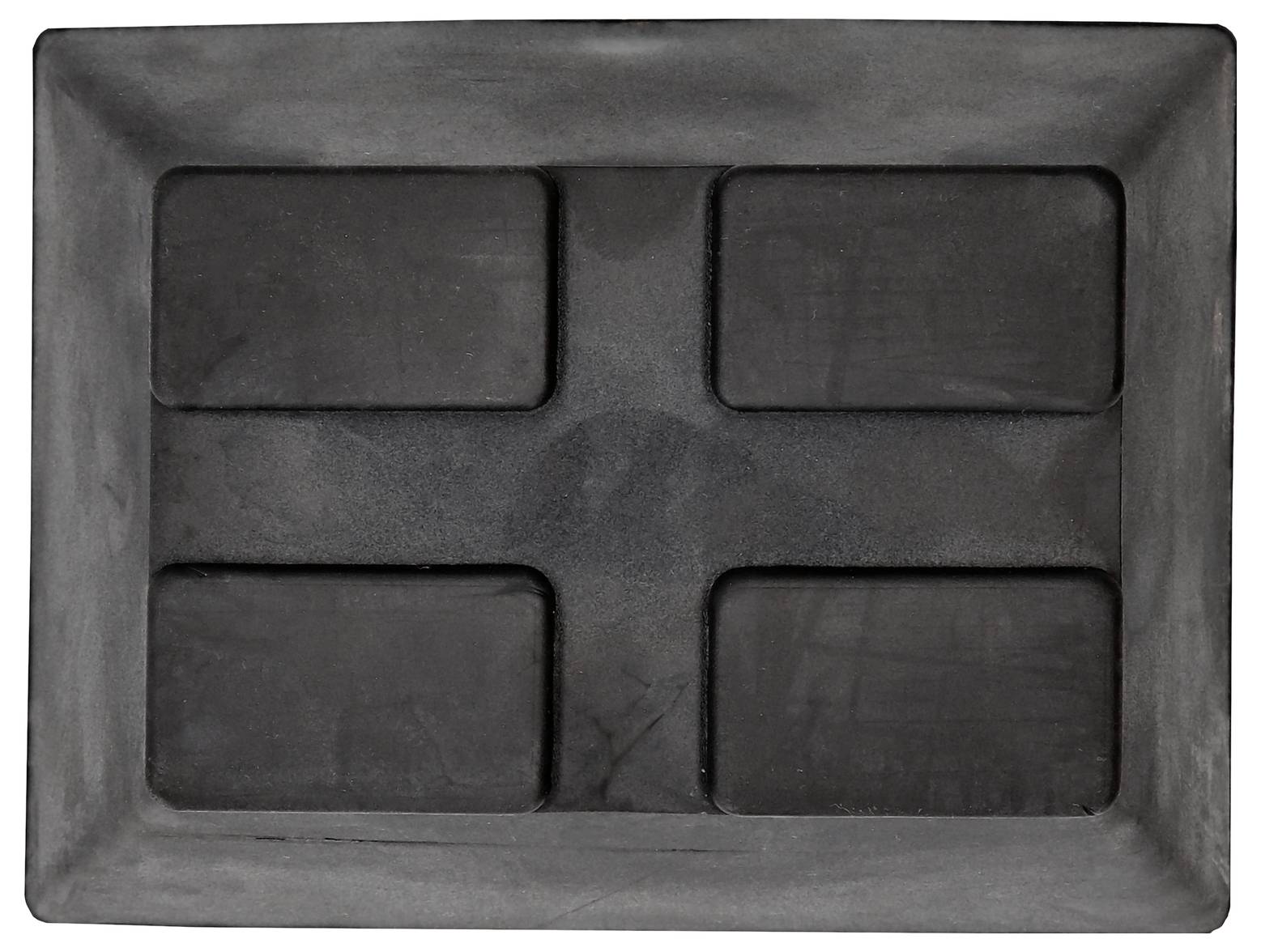 Ein rechteckiges, dunkles Tablett mit fünf rechteckigen Vertiefungen, gleichmäßig verteilt.