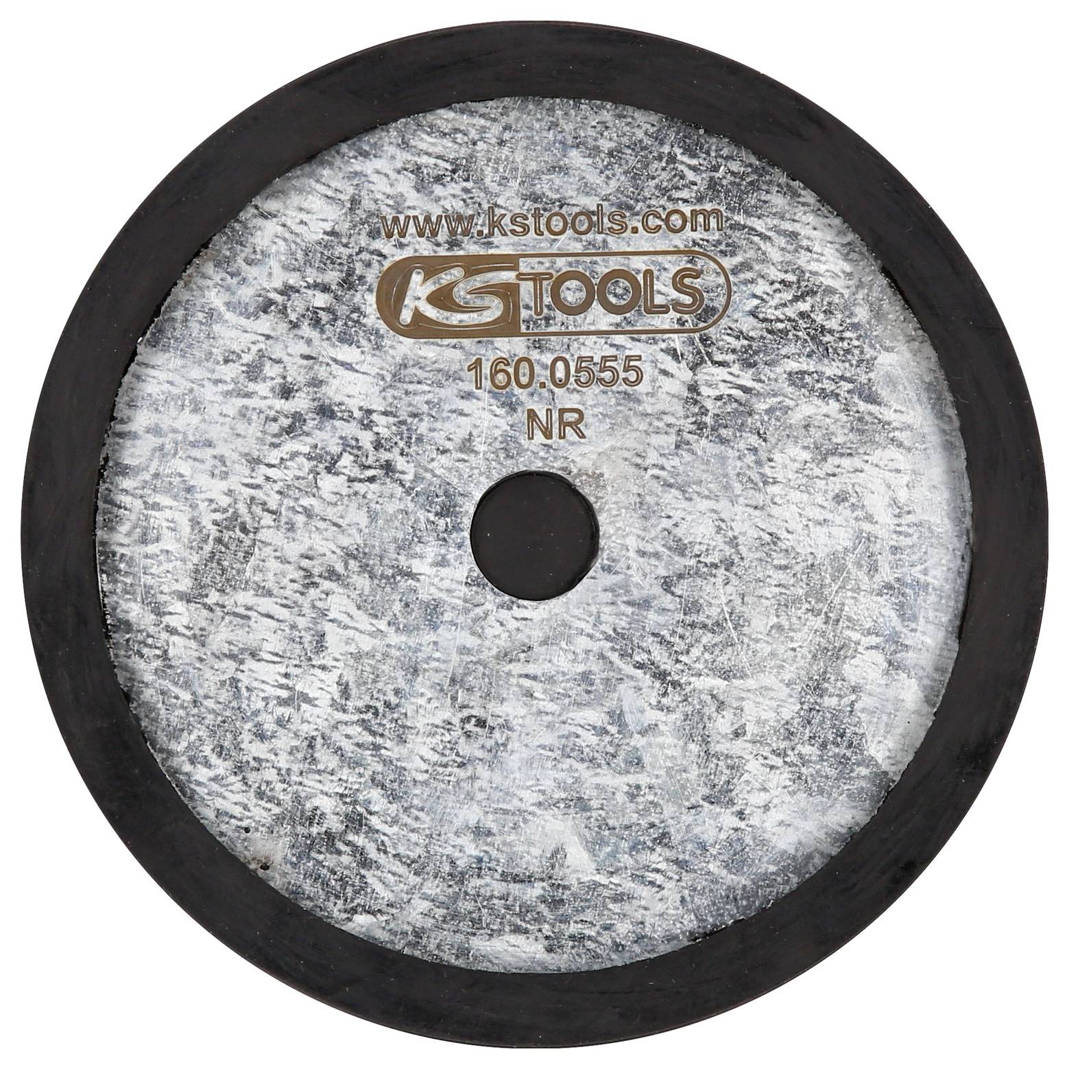 Ein runder Schleifkörper von KS TOOLS mit der Kennnummer 160.0555 NR. Die Fläche wirkt metallisch-grau mit schwarzem Rand.