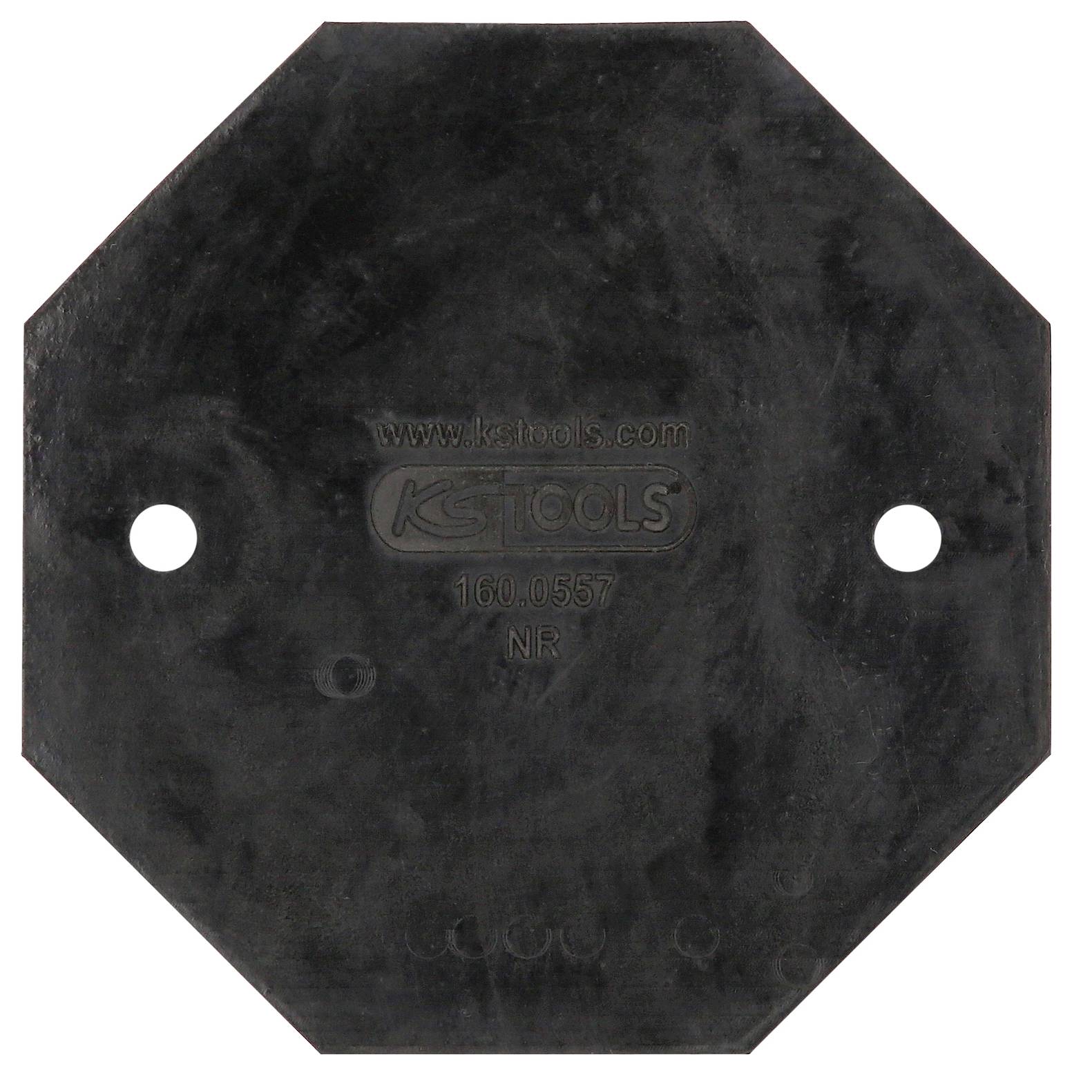 Achteckige schwarze Gummimatte mit zwei Löchern, beschriftet mit KSTools und Produktnummer 160.0557.
