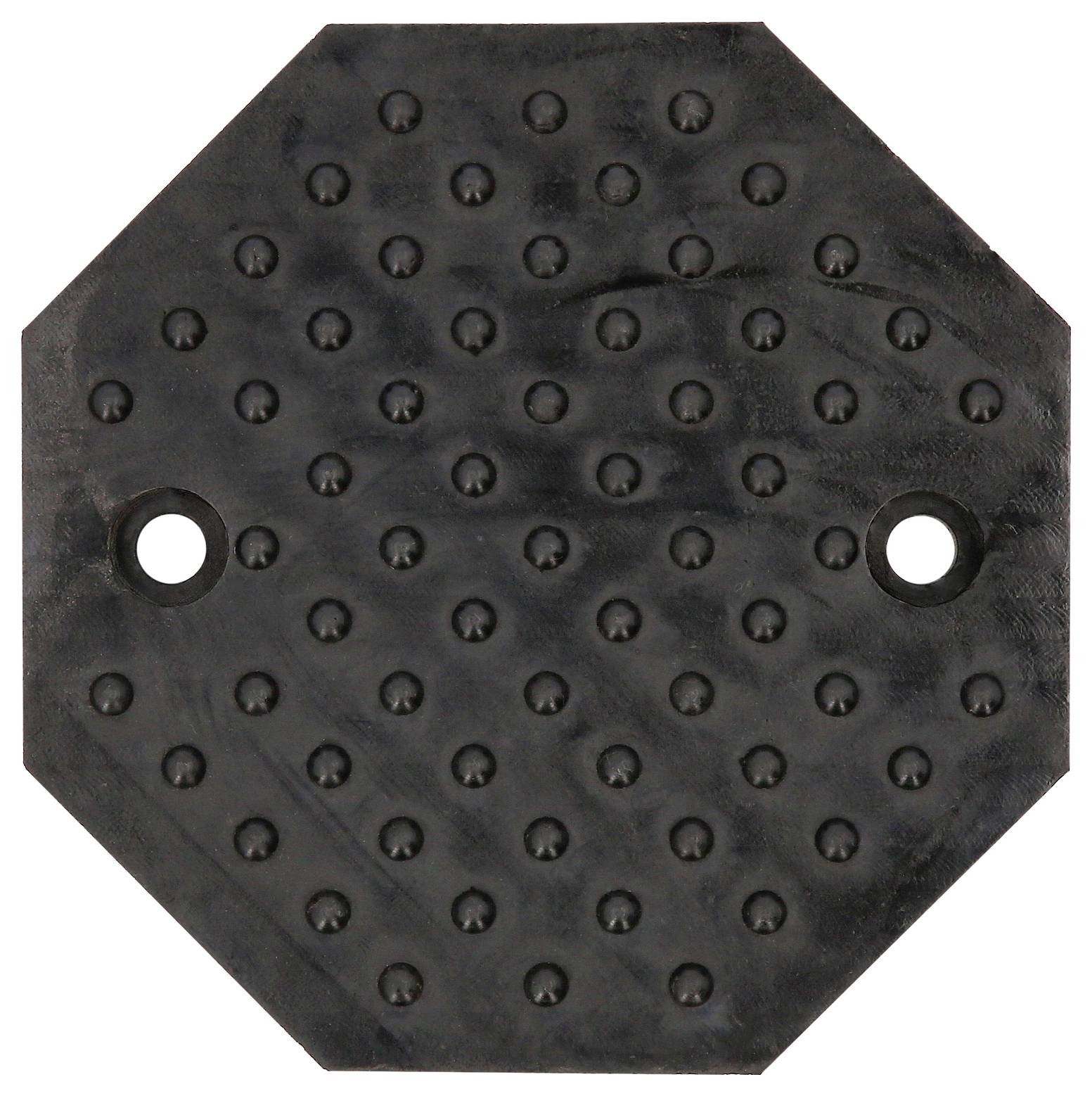 Oktogonale schwarze Gummimatte mit erhabenen Punkten, zwei Löchern, zur Oberflächenstrukturierung oder Befestigung geeignet.