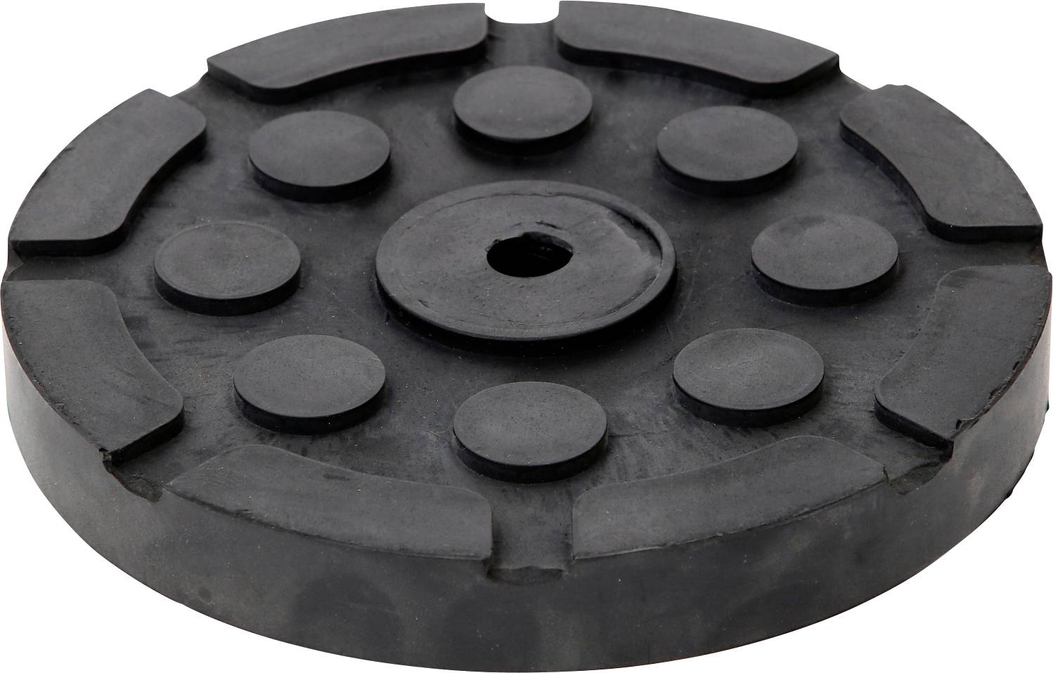 Runde, schwarze Gummischeibe mit mehreren kreisförmigen Erhebungen. Sie dient als Stoßdämpfer oder Lager in mechanischen Anwendungen.