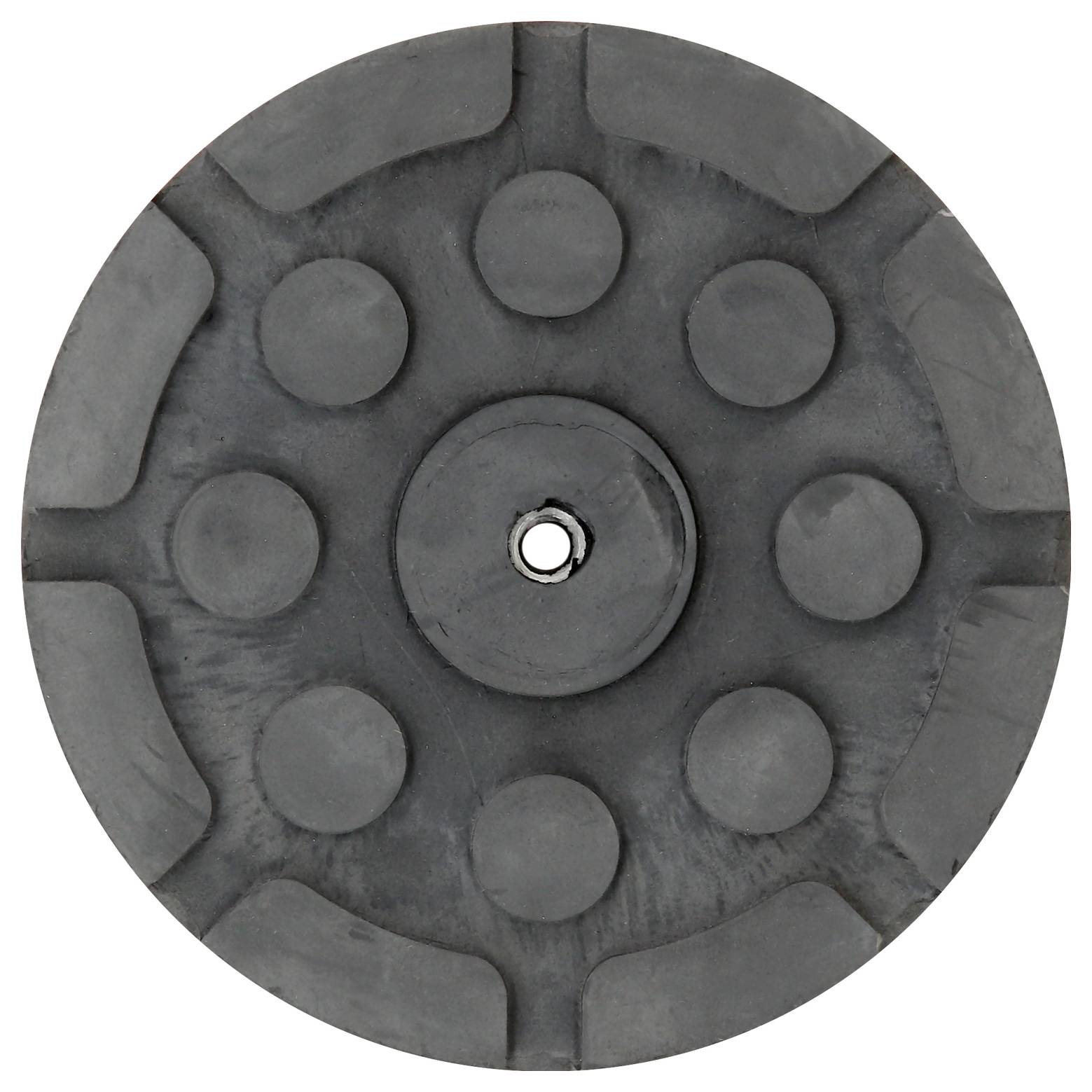 Eine runde, graue Gummischeibe mit mehreren erhöhten Kreisen auf der Oberfläche, möglicherweise ein Teil für Maschinen oder Fahrzeuge.