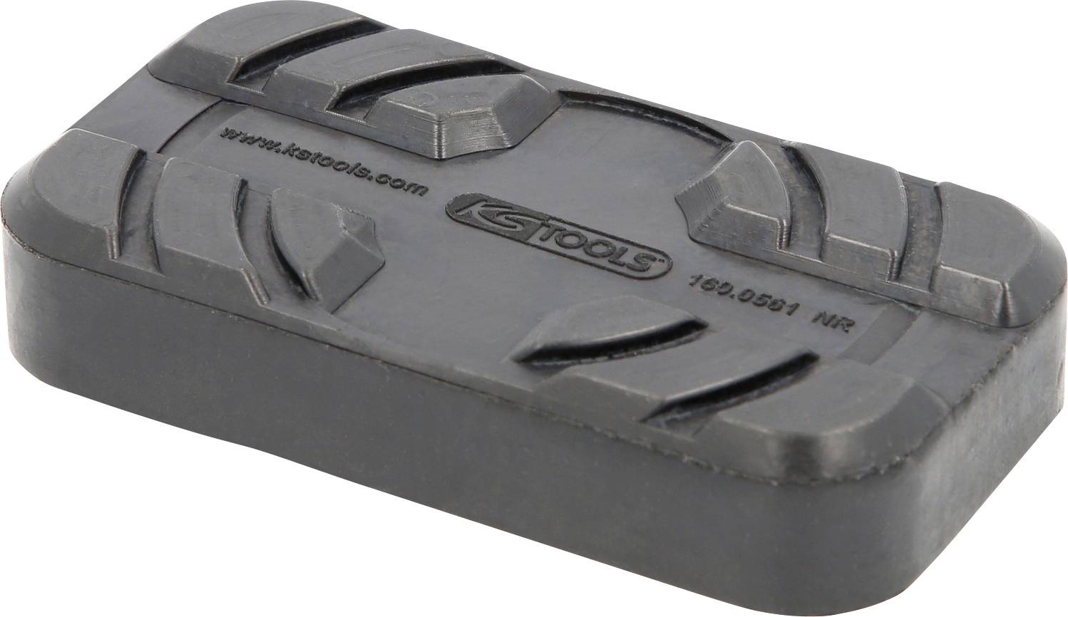 Ein rechteckiger, schwarz-grauer Gummiblock mit geprägtem KS-Tools-Logo und Rillenmuster, verwendet für Hebebühnen.