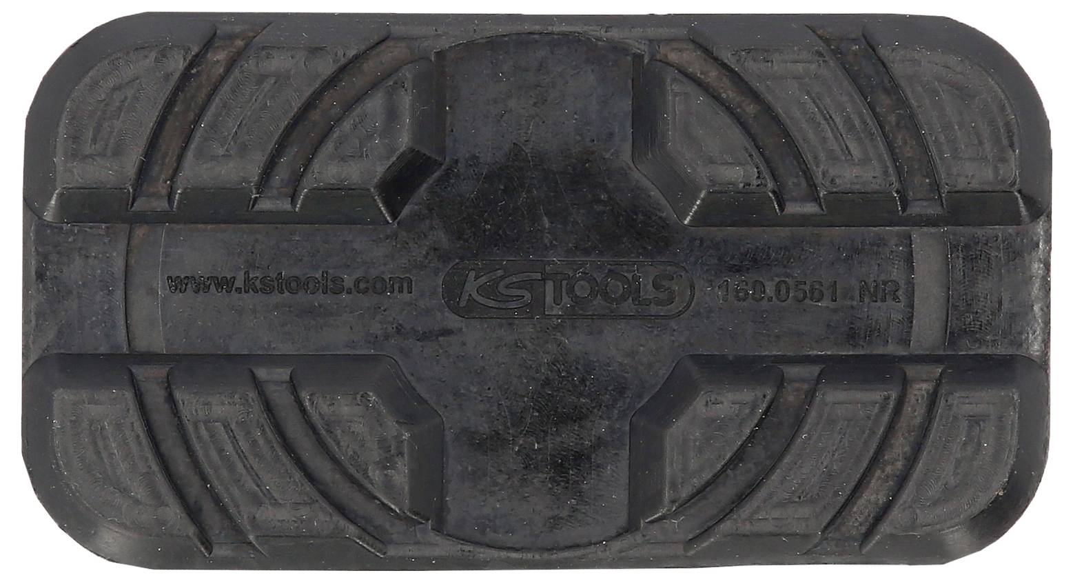 Rechteckiger schwarzer Gummiblock mit Rillenmuster und der Aufschrift 'kstools.com'. Wird oft als Hebebühnen-Pad verwendet.