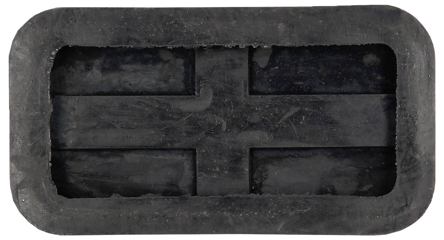 Rechteckiger schwarzer Gummistopfen mit Kreuzverstärkung in der Mitte. Wird oft als Schutzabdeckung oder Dichtung verwendet.