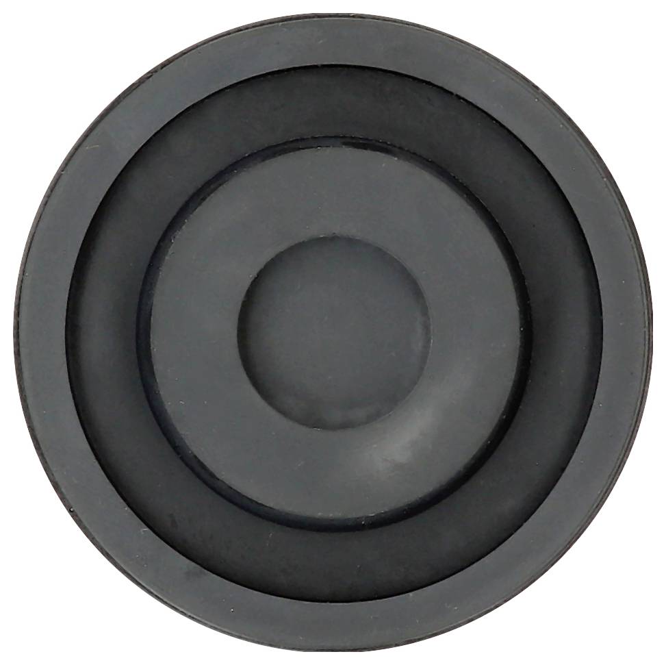 Runder, dunkler Lautsprecher in Draufsicht mit konzentrischen Ringen, symbolisiert Audioausgabe oder Musik.