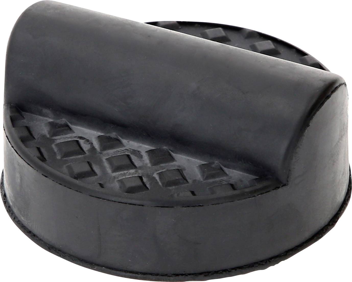 Schwarzer Gummipuffer mit runder Basis und erhöhter, halbkreisförmiger Oberseite, dient als Schutz- oder Dämpfungselement.