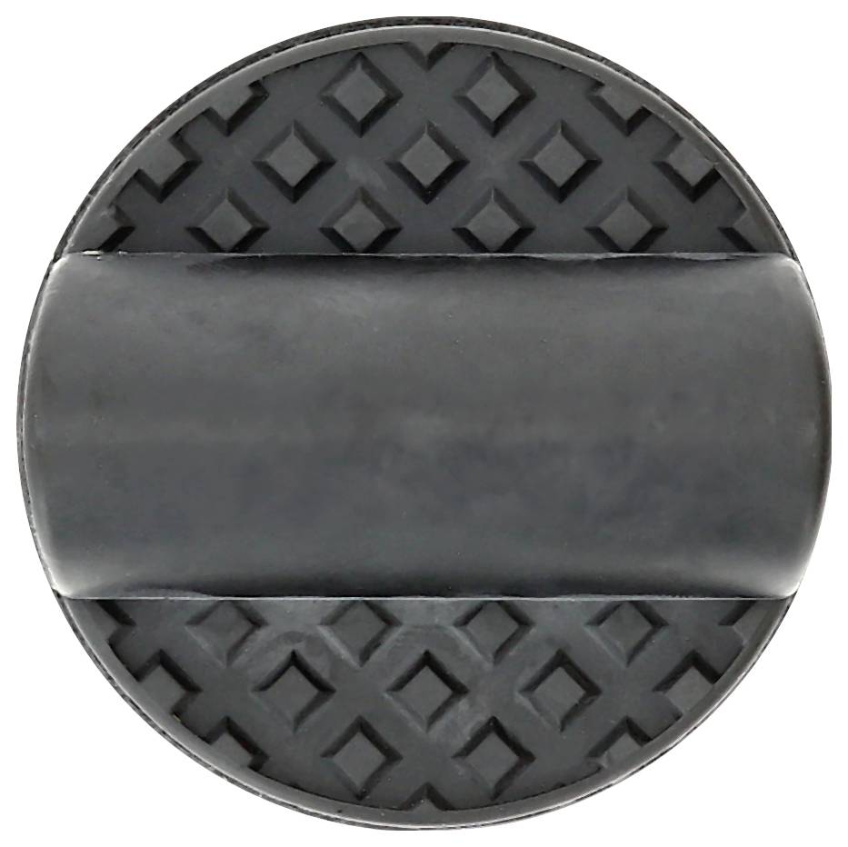 Ein runder, schwarzer Knauf mit strukturiertem Rautenmuster an beiden Enden und einer glatten mittleren Fläche.