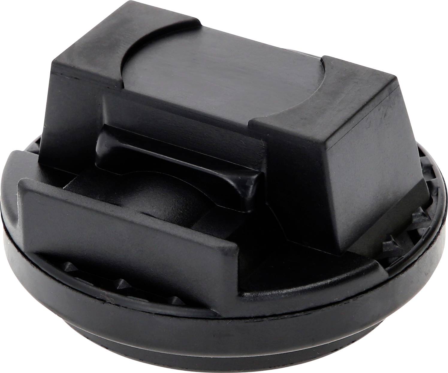 Ein schwarzer Objektivdeckel für eine Kamera, rund und flach gestaltet.