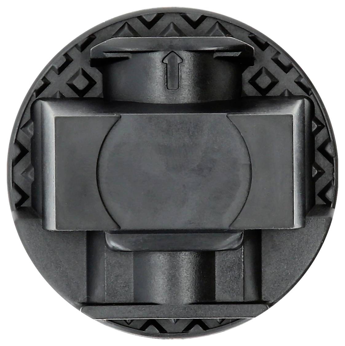 Schwarze, runde Kunststoffvorrichtung mit Pfeilsymbol nach oben und einem komplizierten Muster auf der Oberfläche.