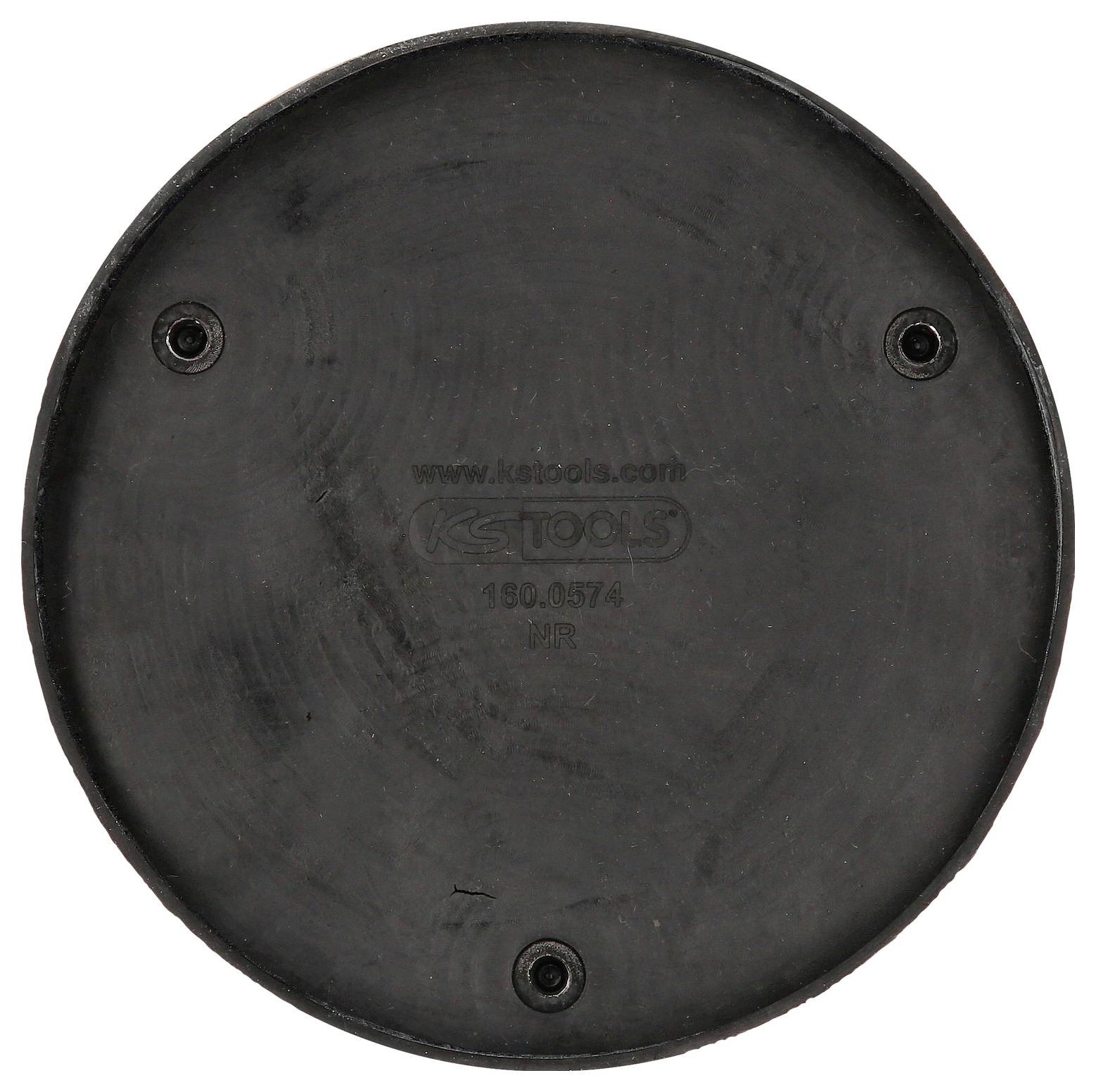 Rundes, schwarzes Gummiwerkzeugteil mit vier Schraubenlöchern und der Aufschrift 'www.kstools.com, KS TOOLS, 159.0574, HR'.
