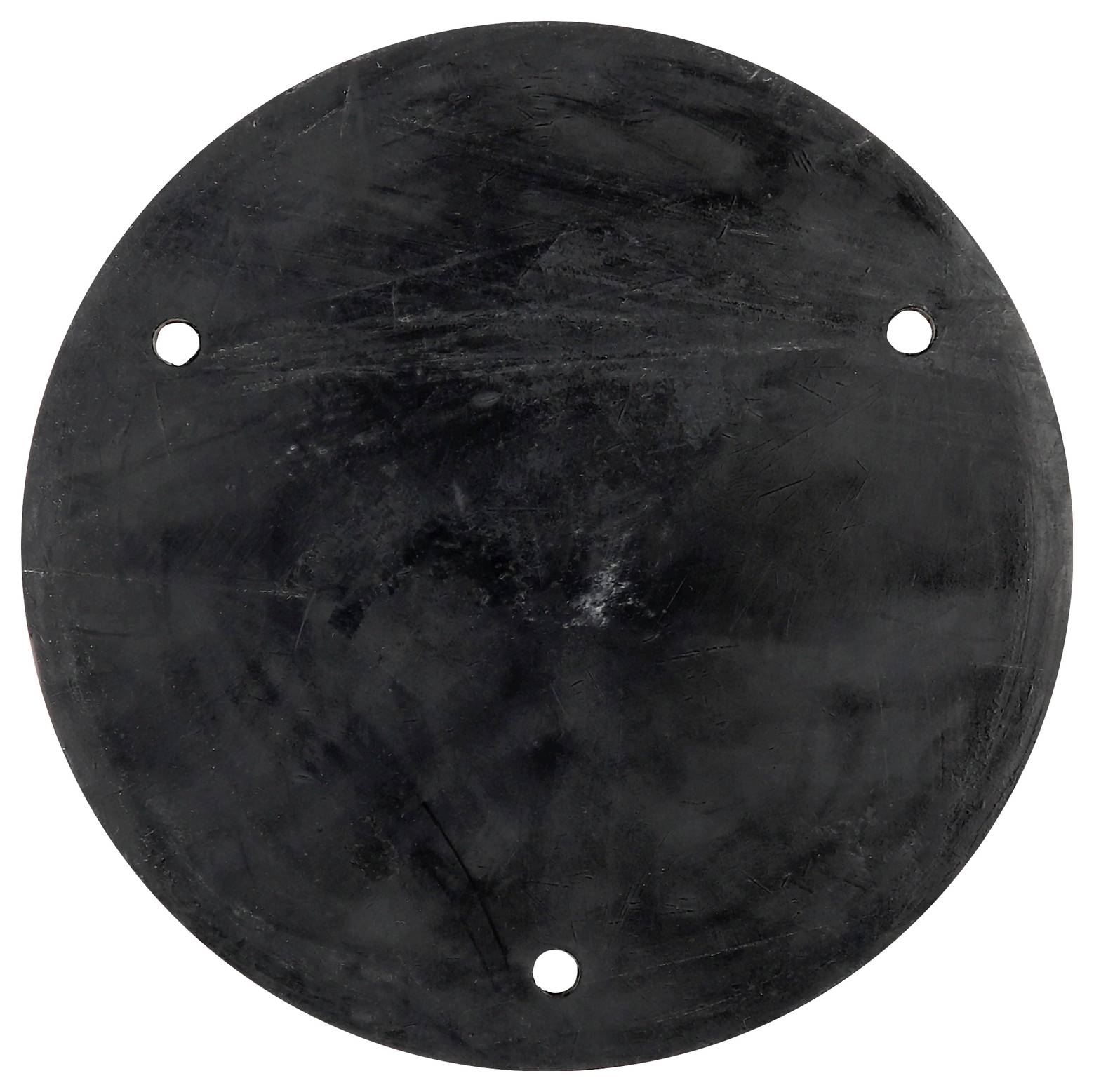 Eine runde schwarze Gummiplatte mit drei symmetrisch angeordneten Bohrlöchern am Rand. Sie ist flach und hat eine glatte Oberfläche.