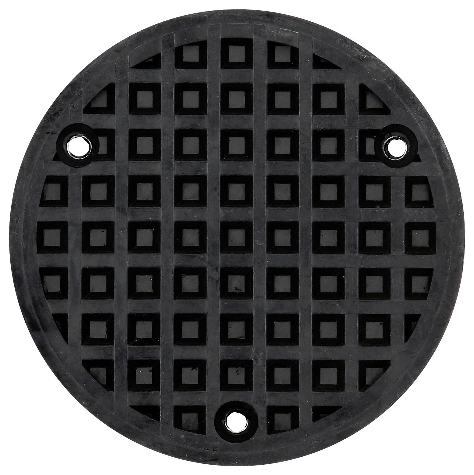Runder Gullydeckel aus Metall mit einem gitterartigen Muster und drei Befestigungslöchern, auf einer Straße platziert.