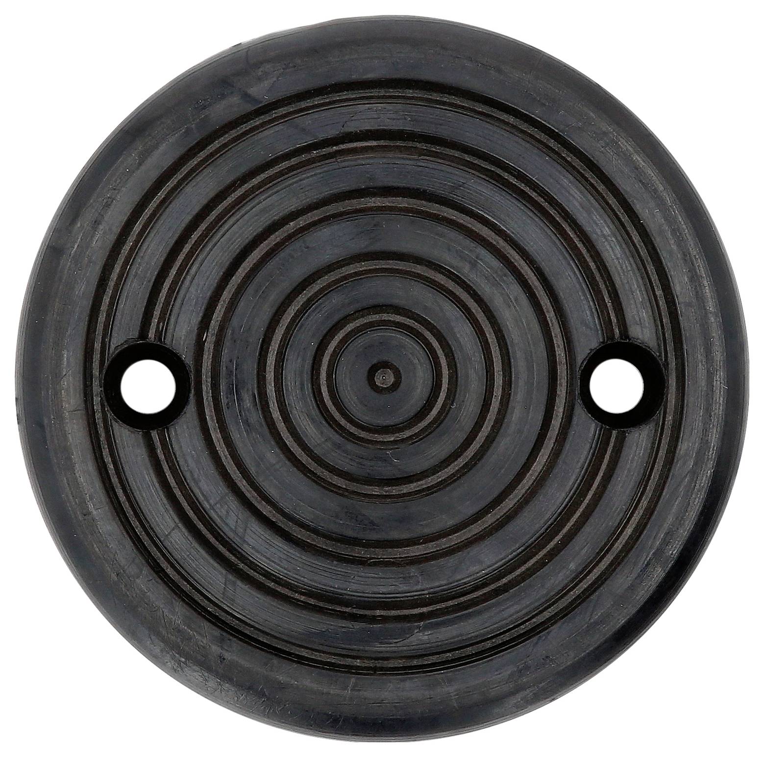 Schwarze, runde Gummischeibe mit konzentrischen Kreisen und zwei Löchern, verwendet als Vibrationsdämpfer.