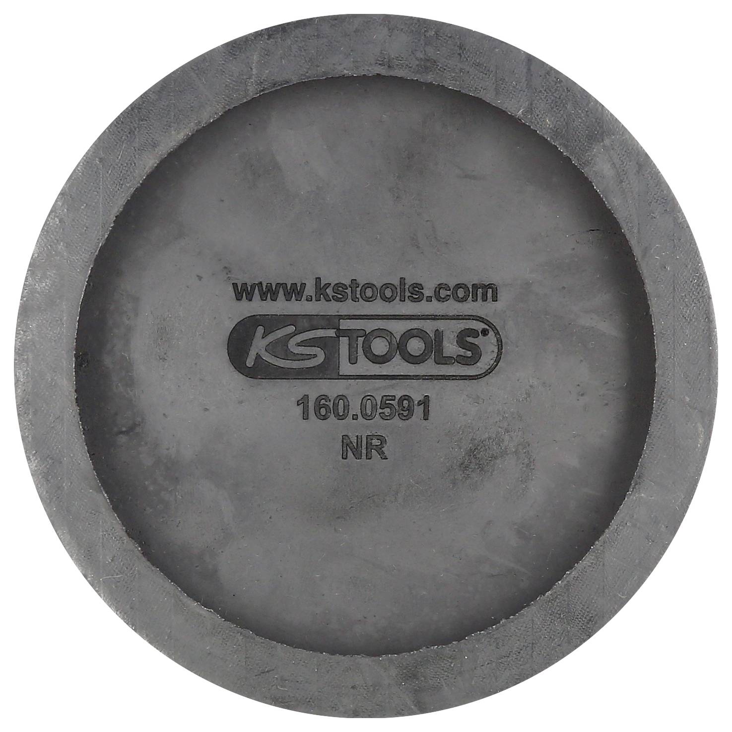 Runde schwarze Gummiunterlage mit mittiger Aufschrift 'www.kstools.com' und 'KS TOOLS 160.0591 NR'.