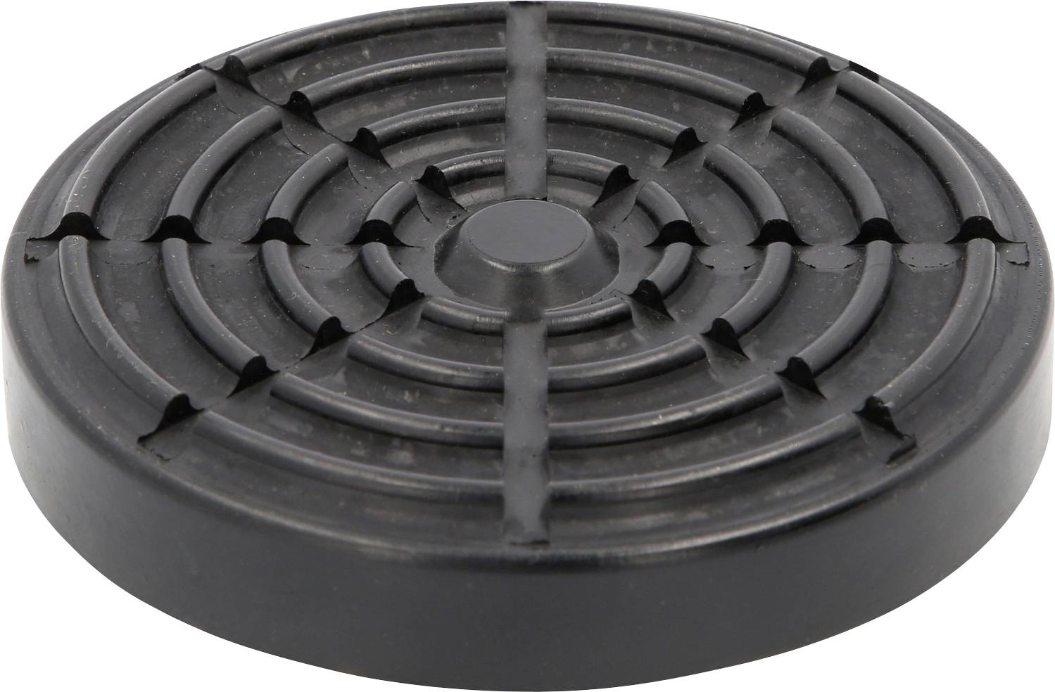 Ein runder, schwarzer Gummifüßring mit konzentrischen Rillen, verwendet als Schutzunterlage oder Basis für Geräte.