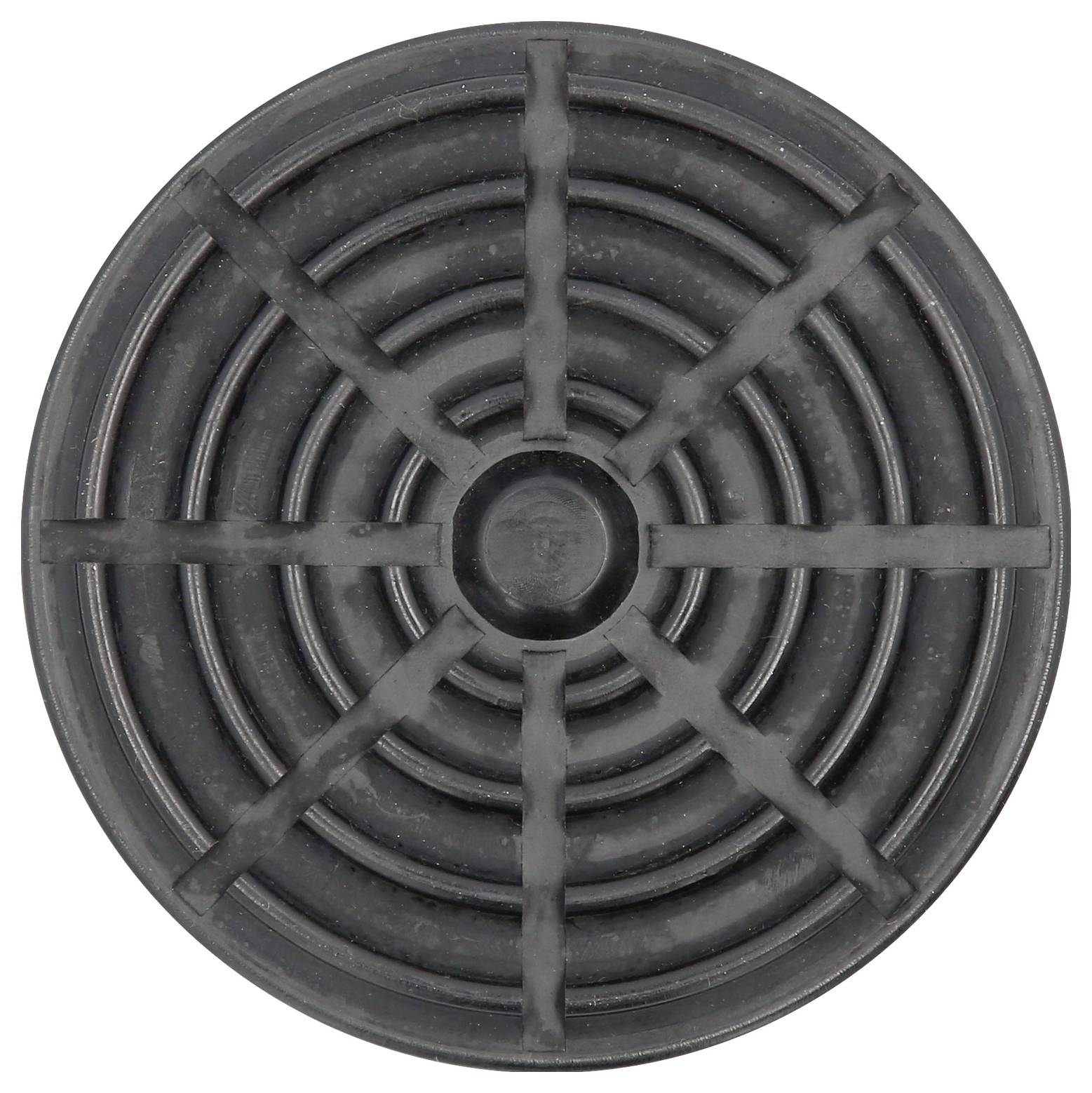 Rundes, schwarzes Kunststoffgitter mit konzentrischen Kreisen und radialen Streben, wahrscheinlich Teil eines Lautsprechers oder Belüftungssystems.