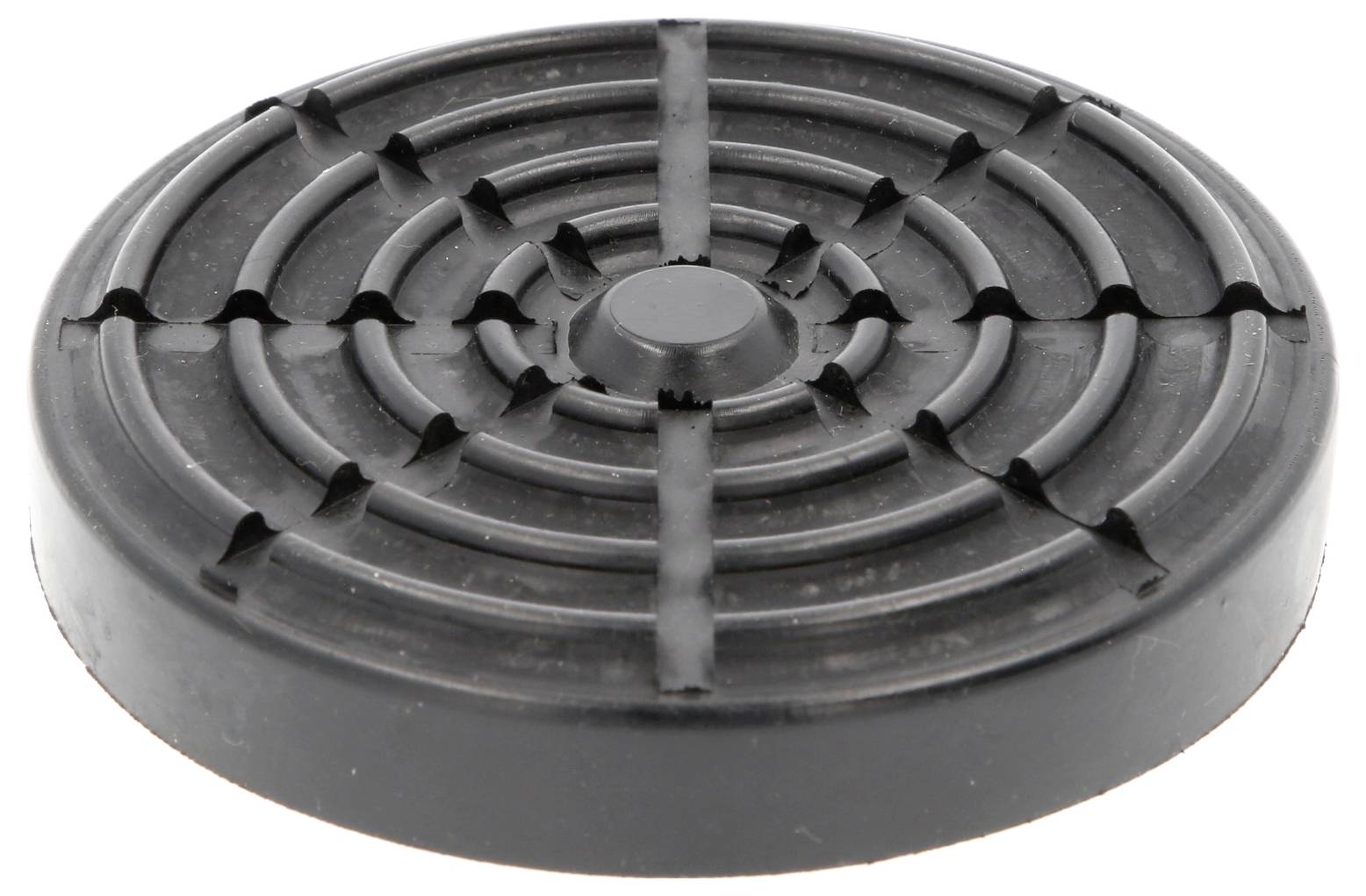 Ein kreisrunder, schwarzer Gummiaufsatz mit konzentrischen Rillen, möglicherweise Teil eines Hebe- oder Stützsystems.