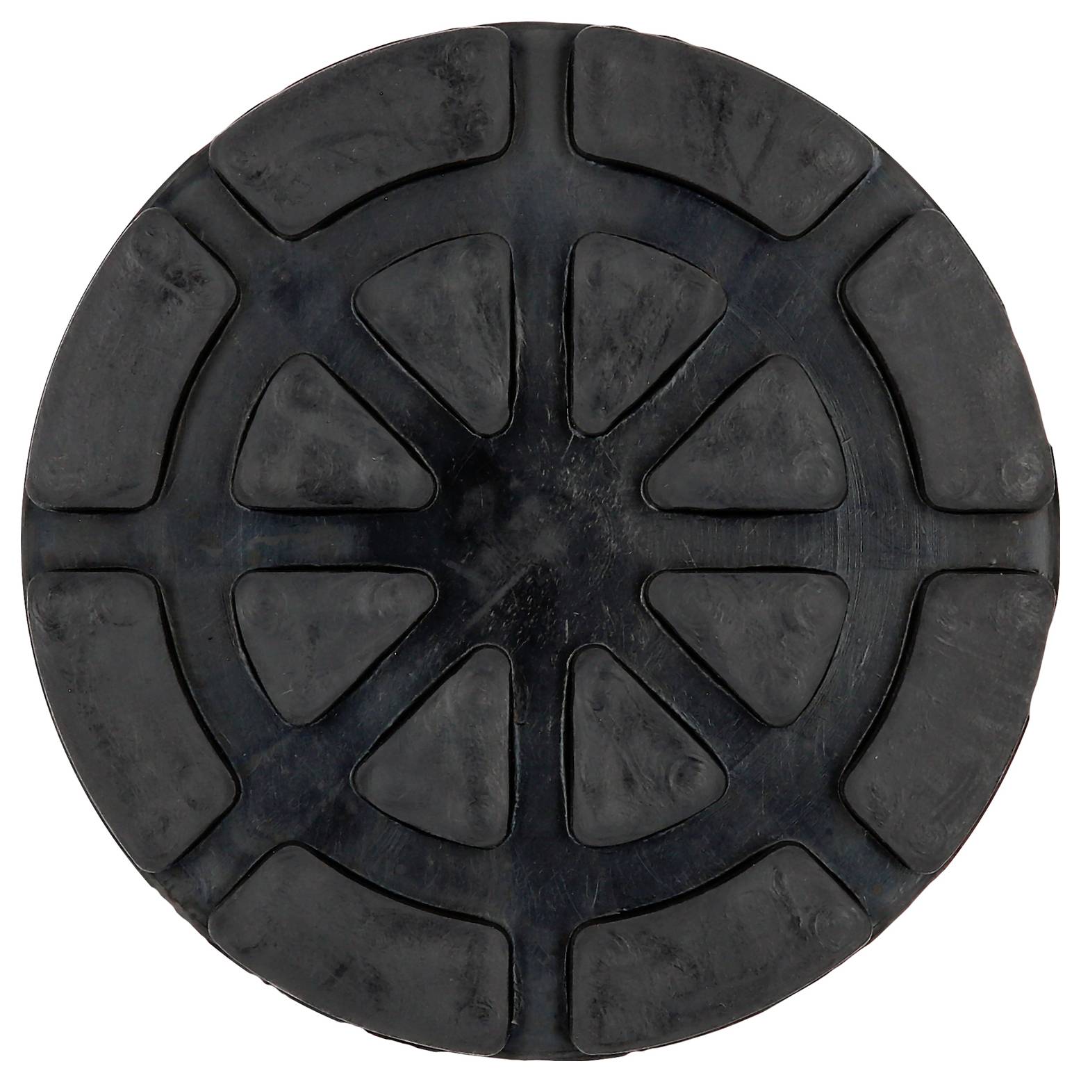 Runde, schwarze Gummipolsterung mit Rillenmuster in Form eines stilisierten Speichenrades.