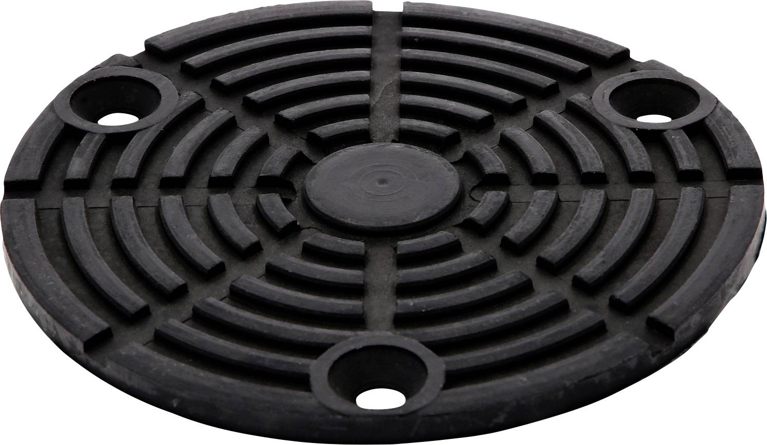 Ein rundes Gummipad mit kreisförmigem, rillenartigem Muster und vier Löchern am Rand. Verwendet wahrscheinlich für industrielle Anwendungen.