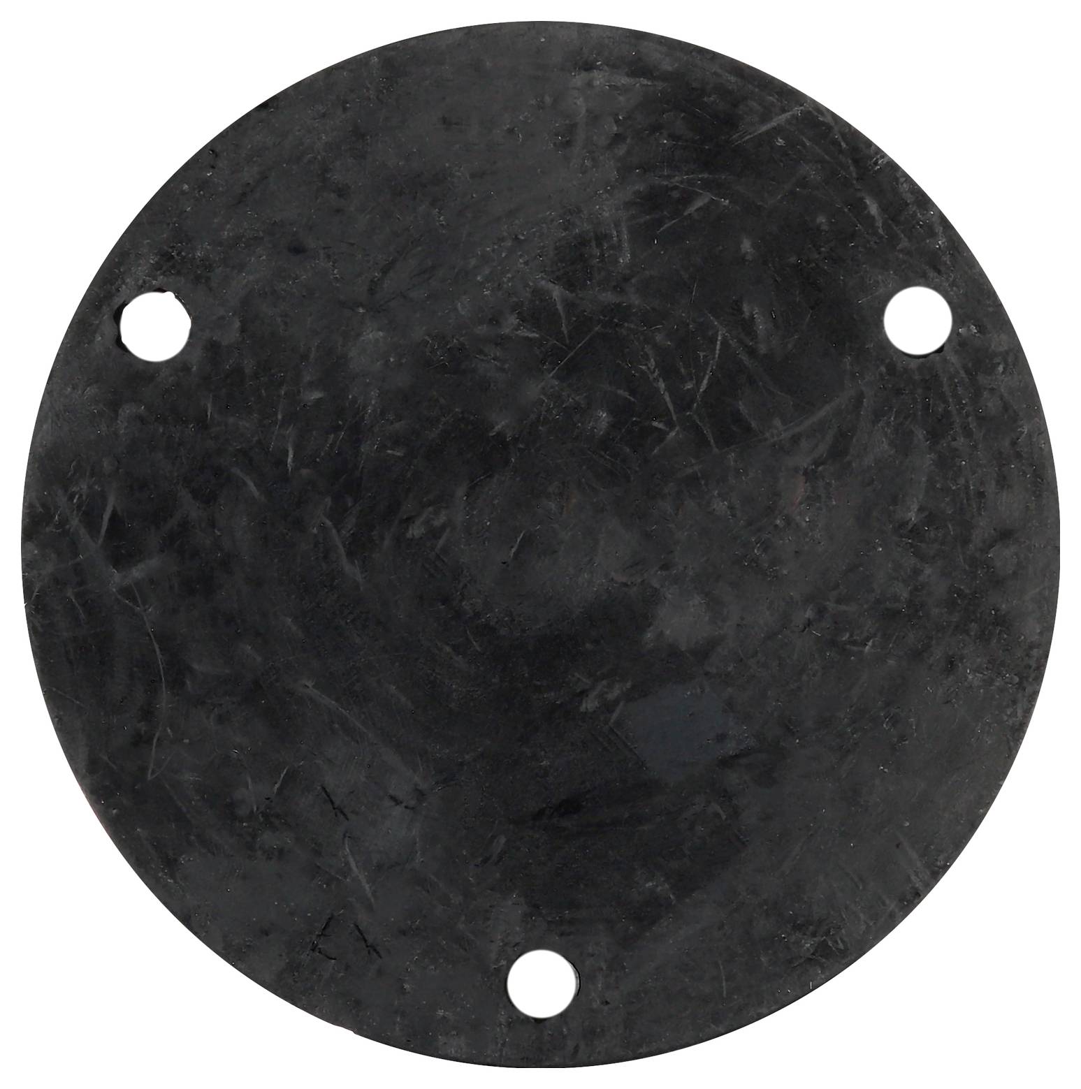 Schwarze, runde Scheibe mit drei Löchern am Rand, möglicherweise Teil einer mechanischen Vorrichtung oder Dichtung.