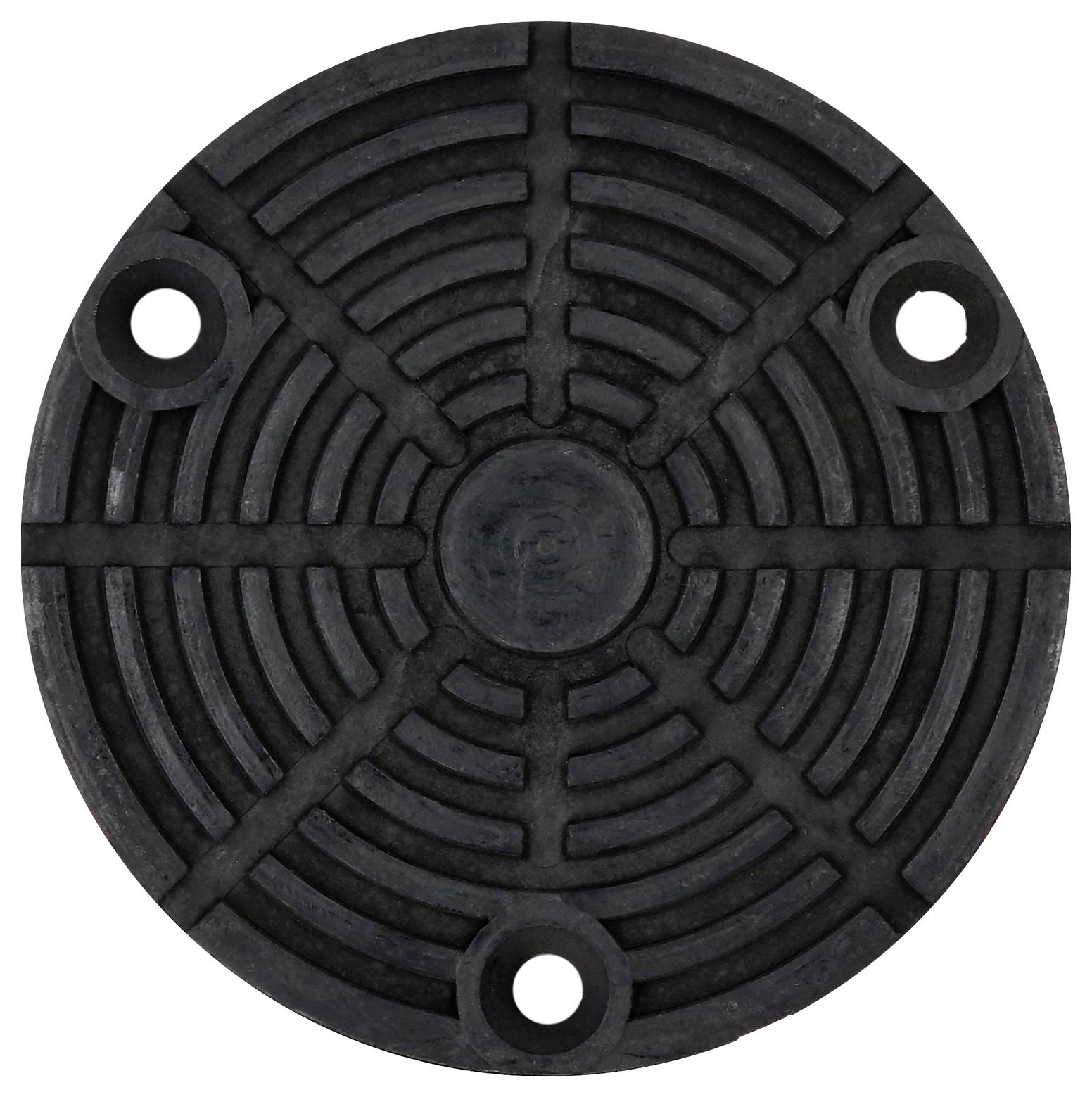 Runder, schwarzer Kanaldeckel mit konzentrischen Rillen und vier Befestigungslöchern.