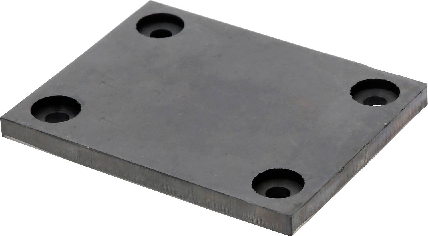 Eine rechteckige Metallplatte mit vier Bohrungen an den Ecken, geeignet für mechanische Anwendungen oder Befestigungen.