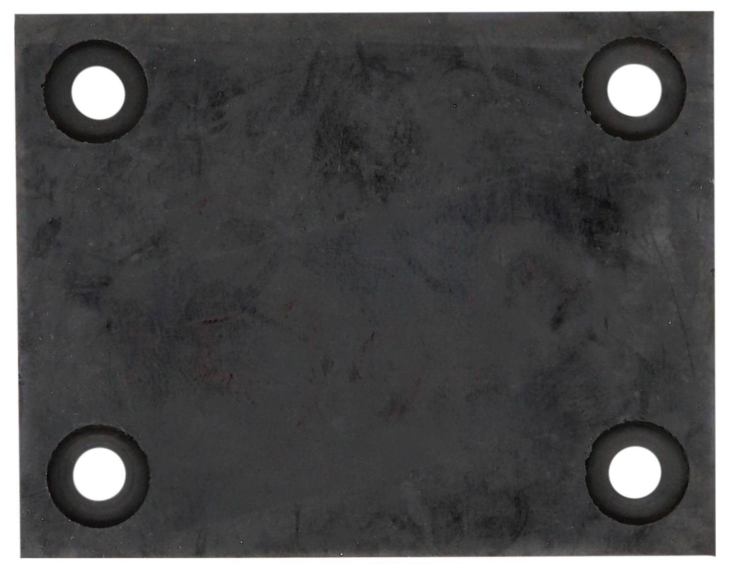 Ein rechteckiges schwarzes Metallblech mit vier runden Löchern in den Ecken.