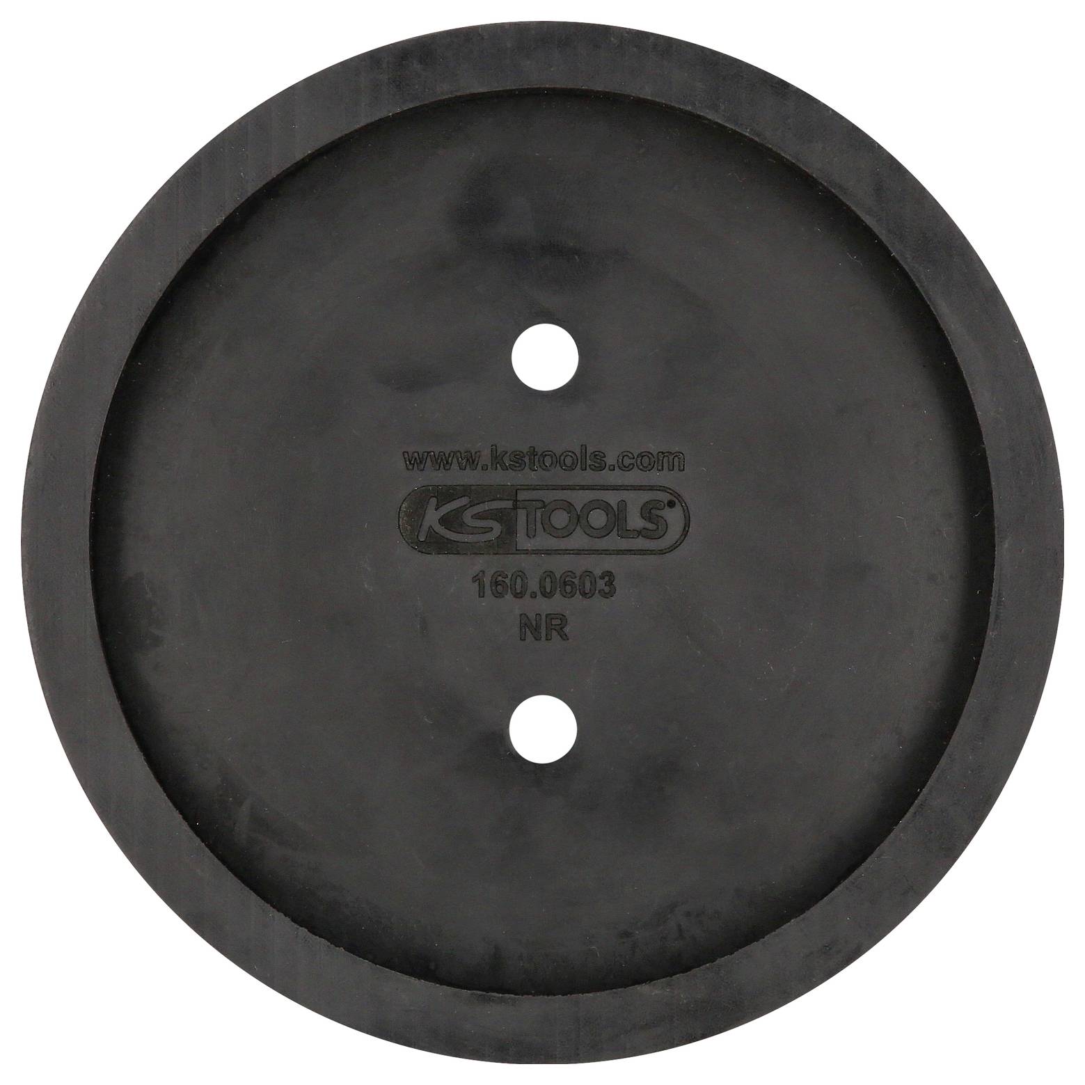 Kreisförmige schwarze Gummimatte mit zwei Löchern und Aufschrift 'KSTOOLS.com 160.0603 NR'.