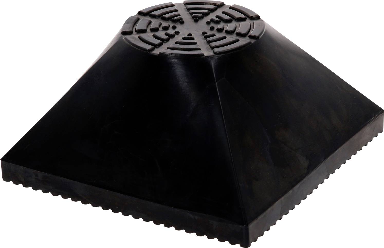 Ein schwarzes, pyramidenförmiges Gummielement mit runder, gerippter Oberseite. Verwendet zur Stoßdämpfung oder Stabilisierung.