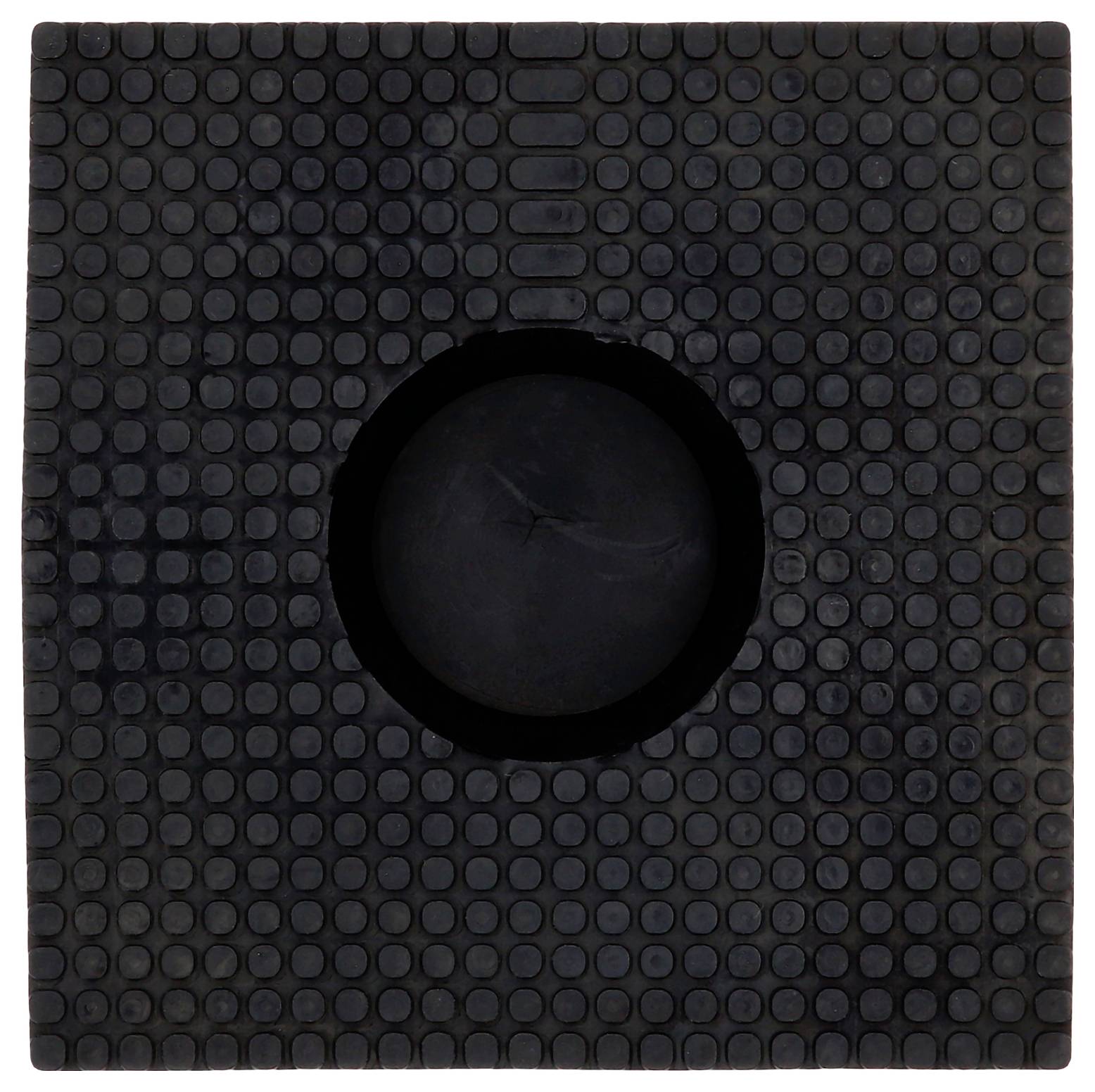 Schwarze quadratische Platte mit strukturiertem Punktmuster und zentralem kreisförmigem Ausschnitt. Funktion unbekannt.