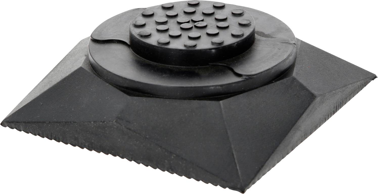 Schwarzer Gummistopper mit pyramidenförmiger Basis und kreisförmiger, genoppter Oberseite. Verwendet zum Schutz von Böden oder Möbeln.