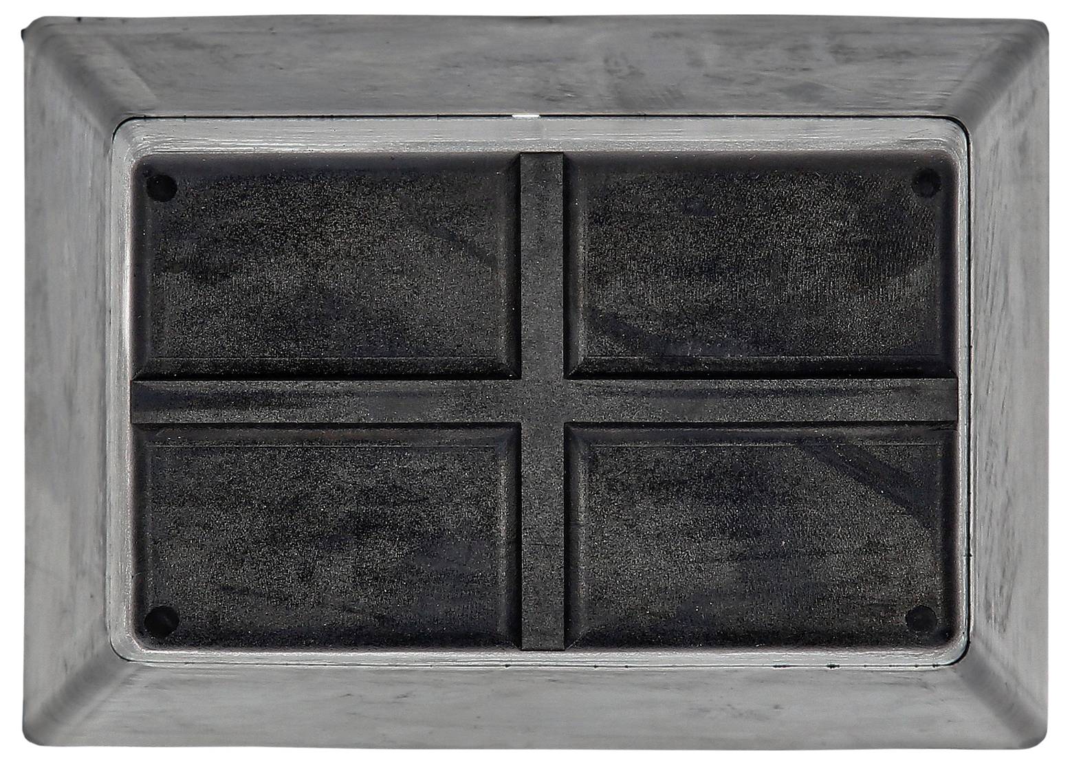Rechteckiger Metallblock mit Gummieinlagen, die in einem Kreuzmuster angeordnet sind.