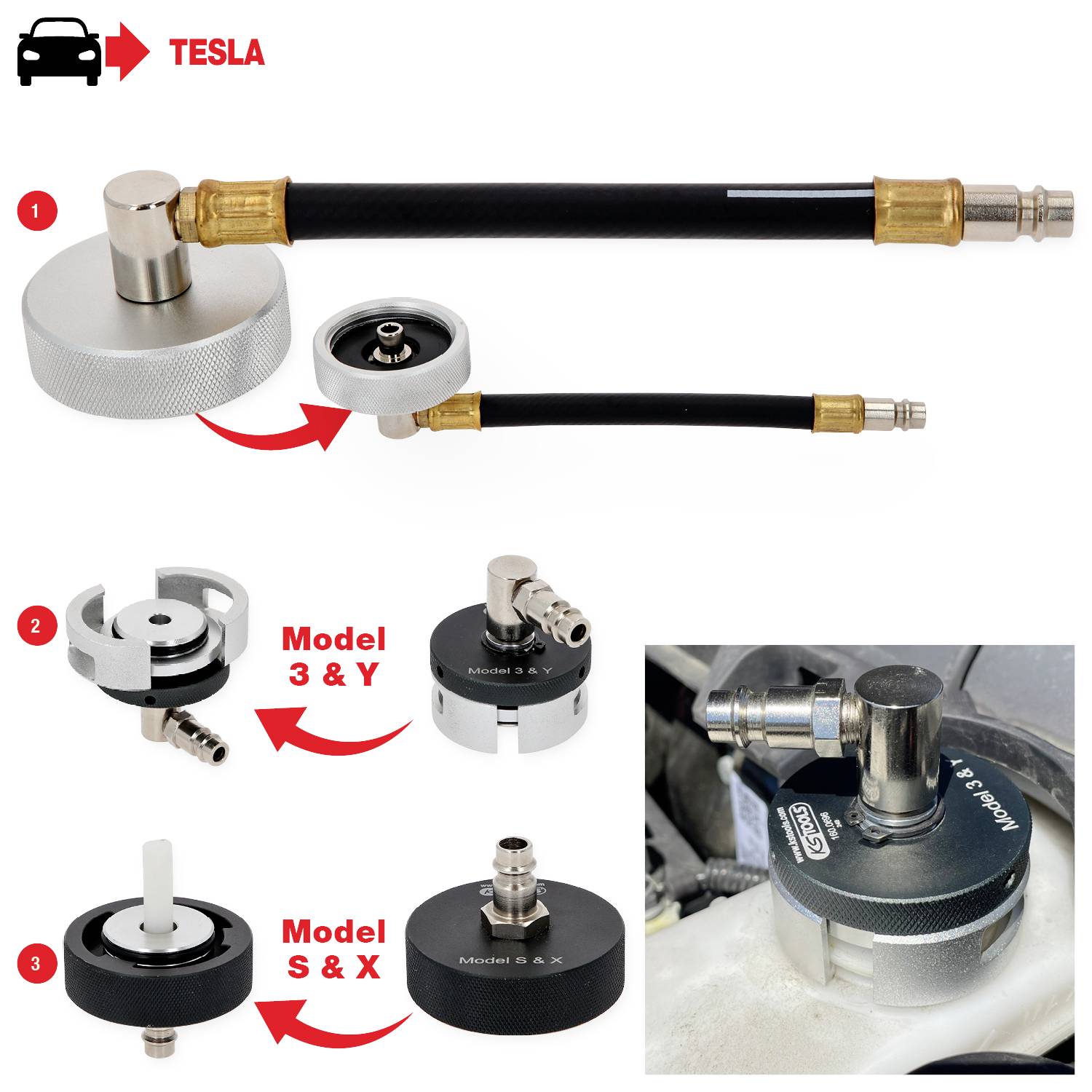 Verschiedene Adapter zur Bremsentlüftung für Tesla-Modelle, darunter Model 3, Y, S und X. Oben: Adapter mit schwarzem Schlauch. Unten: Verschiedene Ansichten der Adapter.