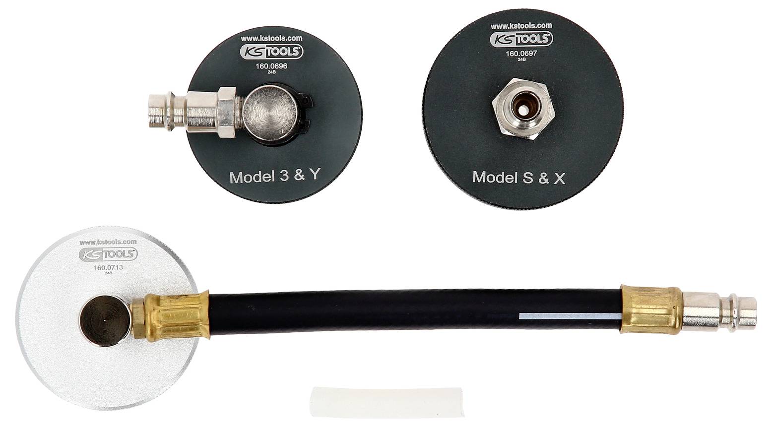 Drei Adapter für Tesla-Modelle, oben zwei runde Adapter für Modelle 3/Y und S/X, unten Schlauchadapter mit Anschluss.