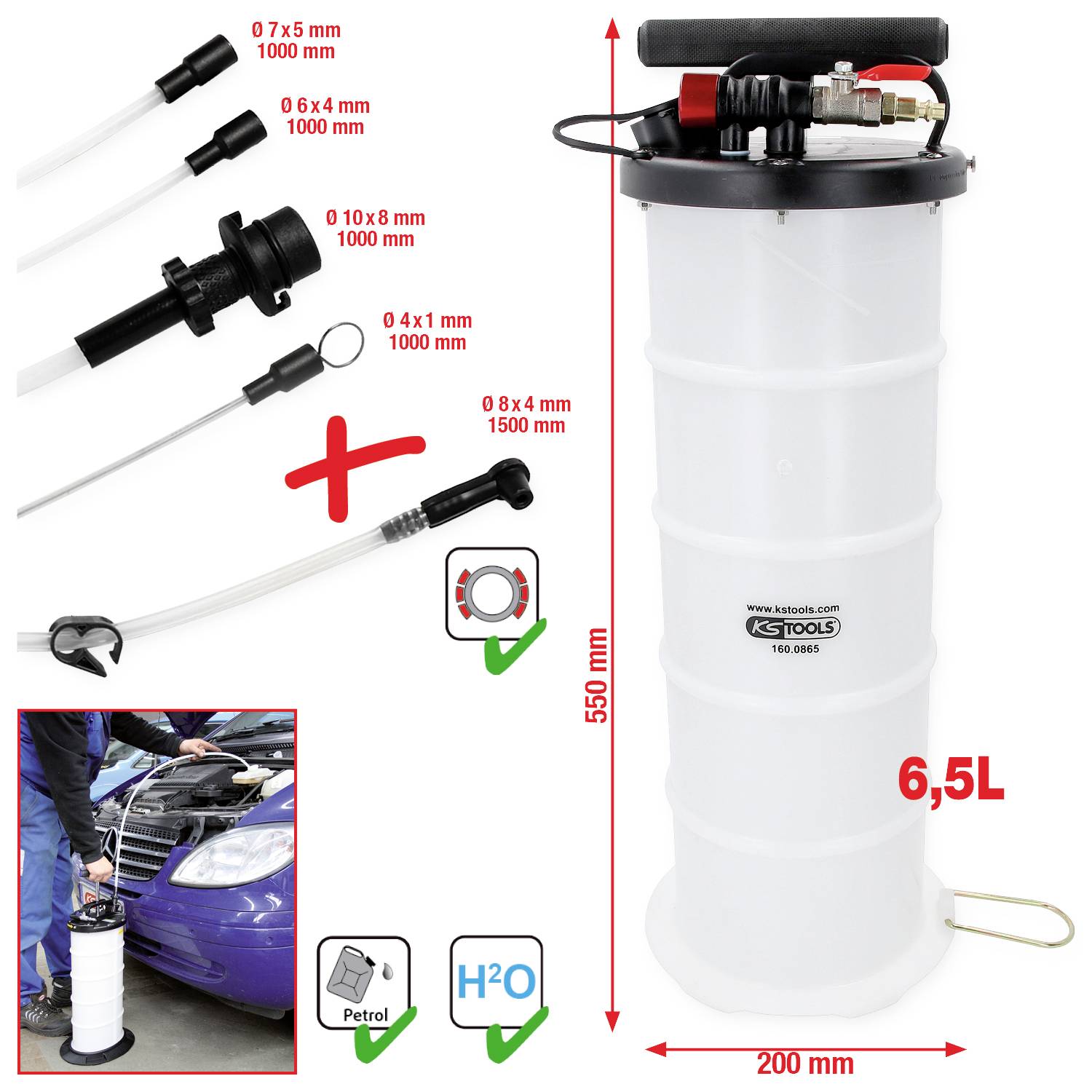 Ein Ölabsauggerät mit 6,5L Fassungsvermögen, 200mm Durchmesser. Enthält drei Saugsonden und ist für 'Petrol' und 'H2O' geeignet.